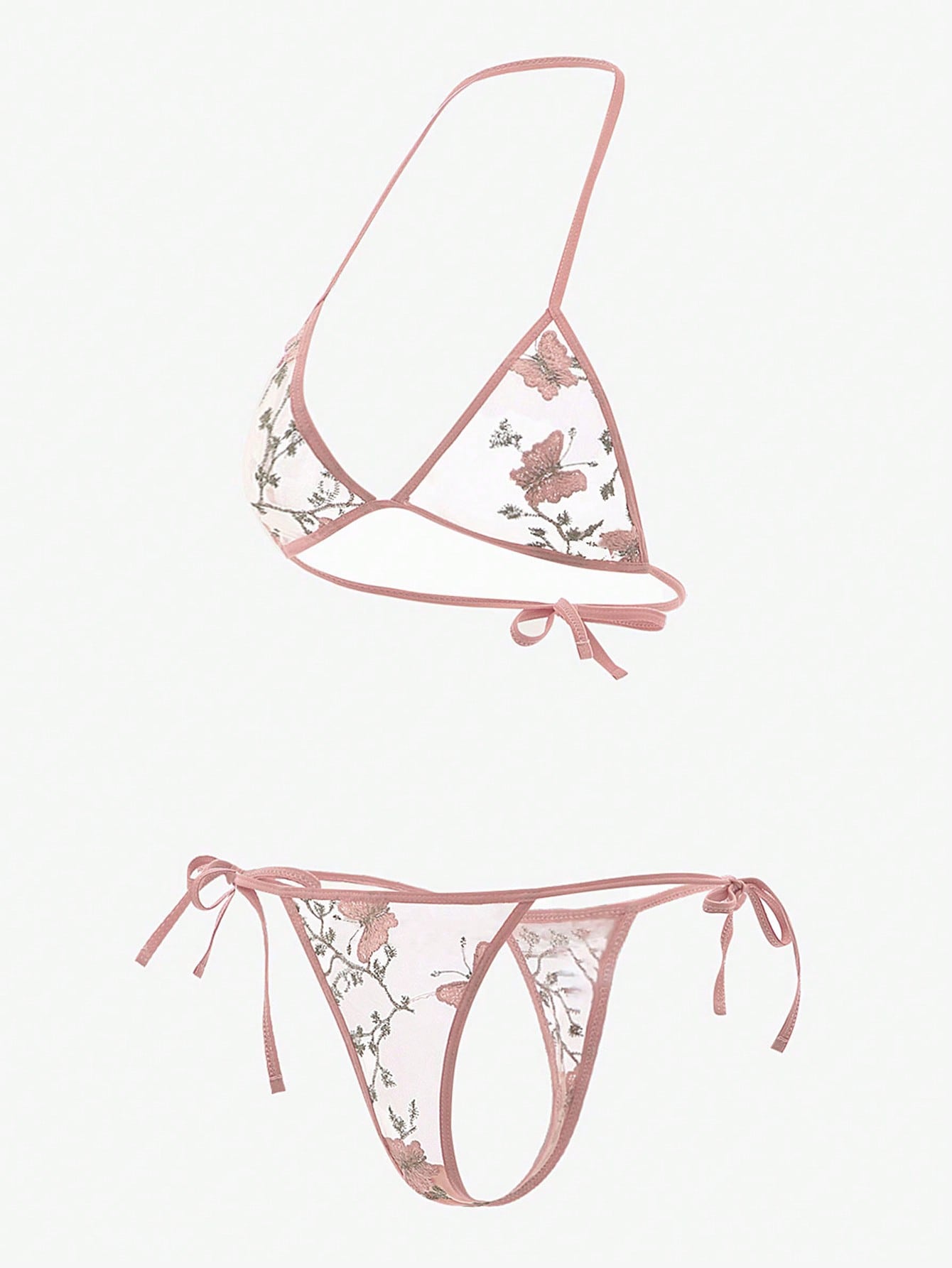 Floral Embroidered Mesh Triangle Lingerie Set