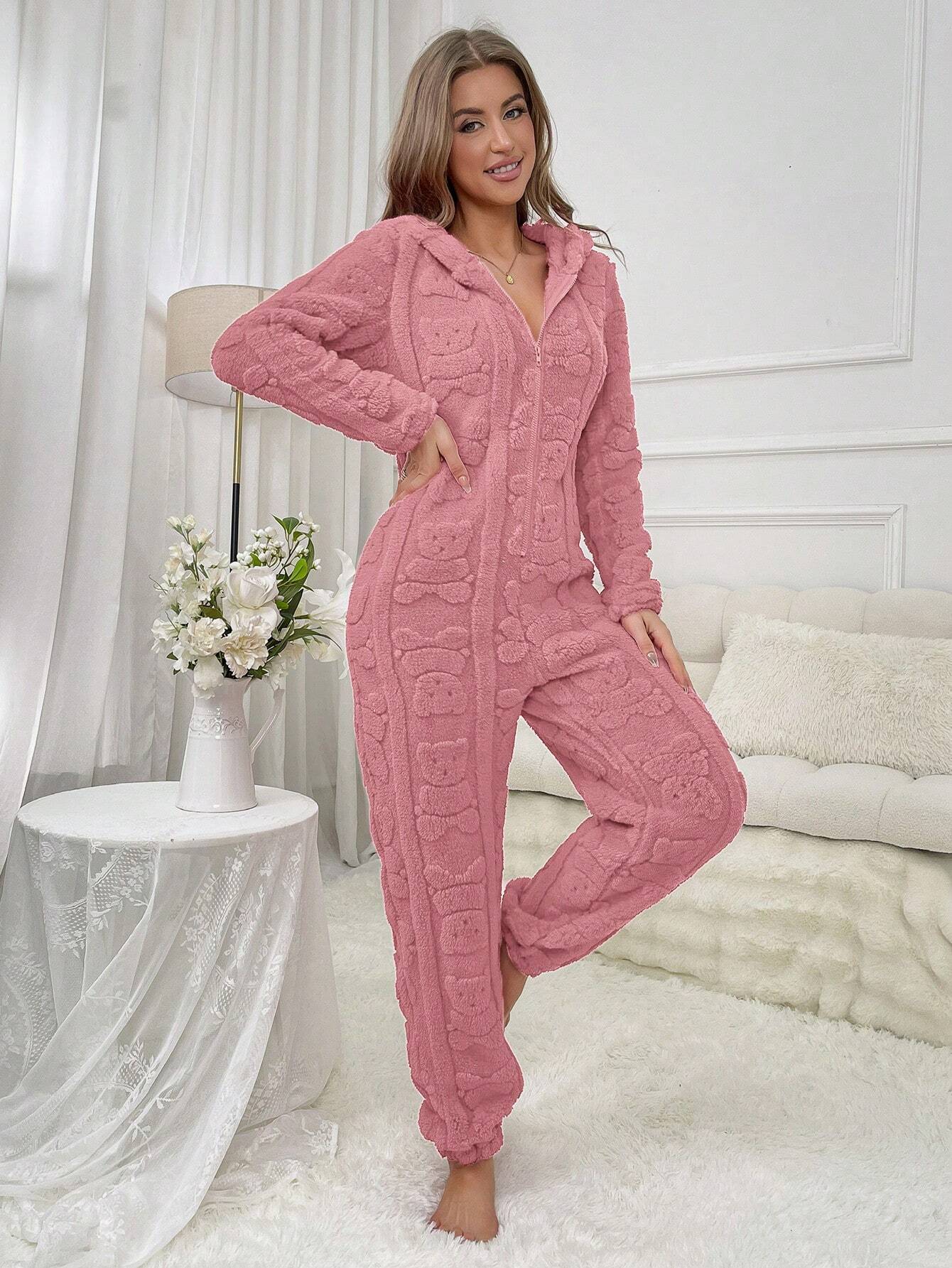 Women's Animal Ear Design Plush Pajama Jumpsuits
