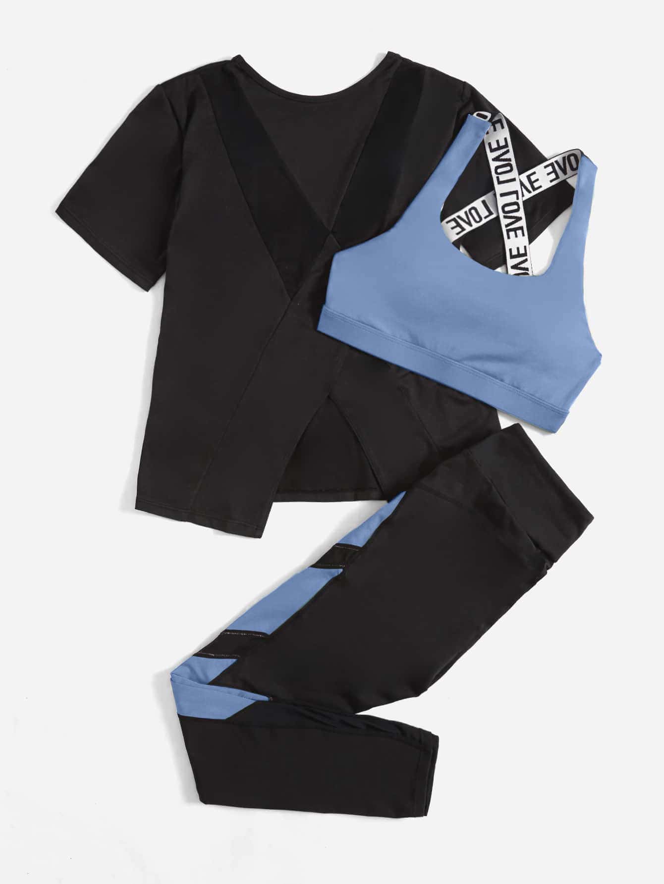 Yoga Future 3pcs Contrast Letter Tape Colorblock Asymmetrical Hem Sports Set