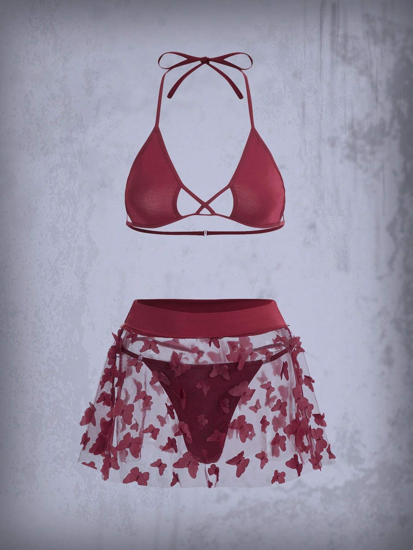 ROMWE Goth Butterfly Appliques Mesh Lingerie Set Burgundy
