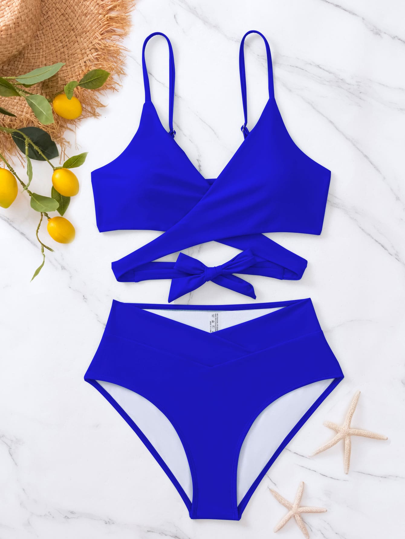 SHEIN Swim Basics Solid Bikini Set Crisscross Tie Back Bra &amp; Overlap High Waisted Bottom 2 Piece Bathing Suit
