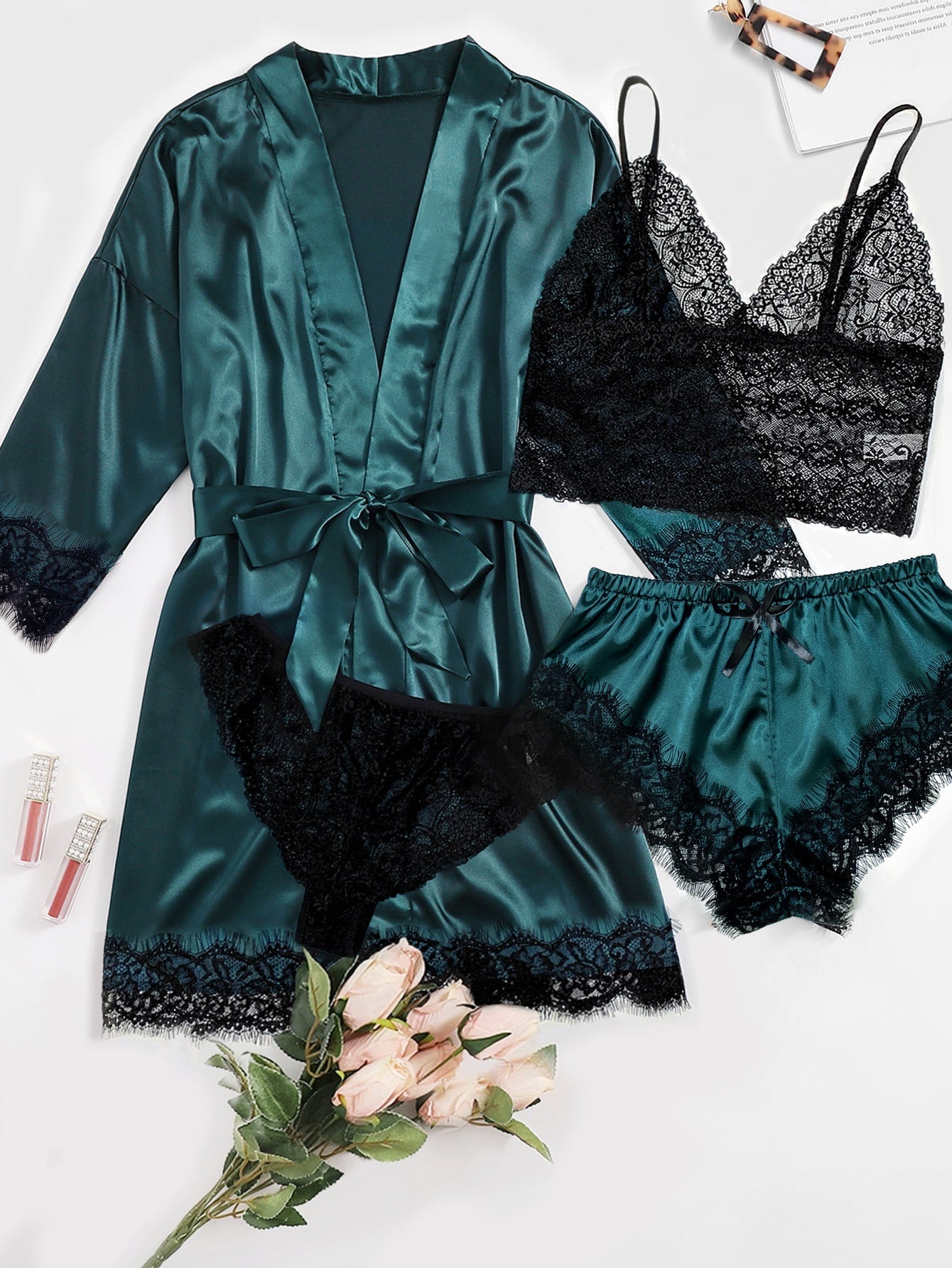 4pack Floral Lace Lingerie Set With Satin Belted Robe