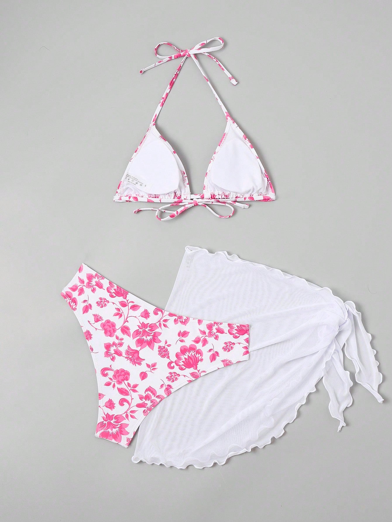 SHEIN Swim Mod Floral Print Halter Triangle Bikini Swimsuit With Beach Skirt