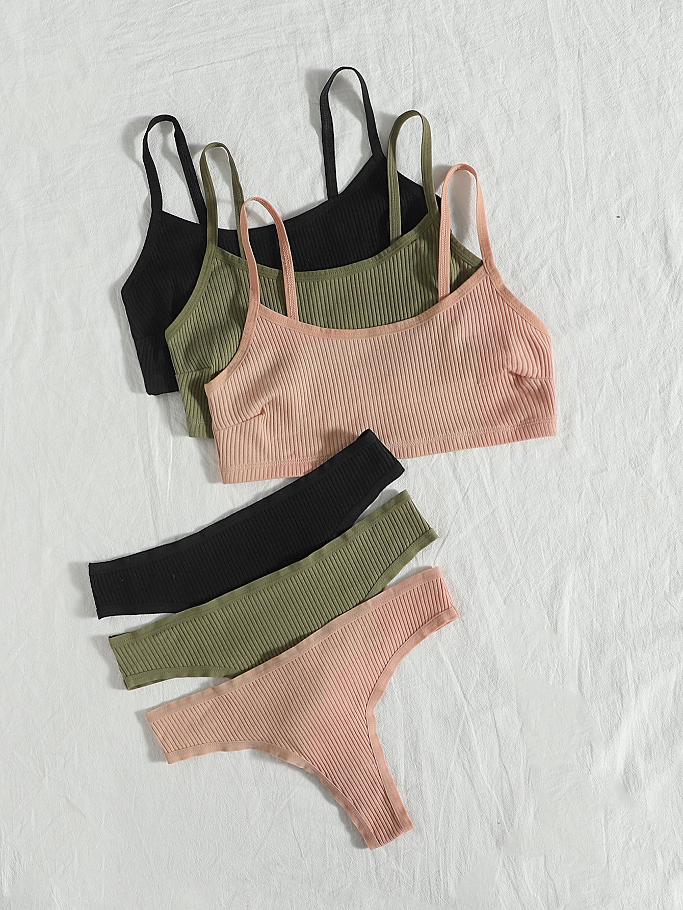 3pack Solid Rib Lingerie Set