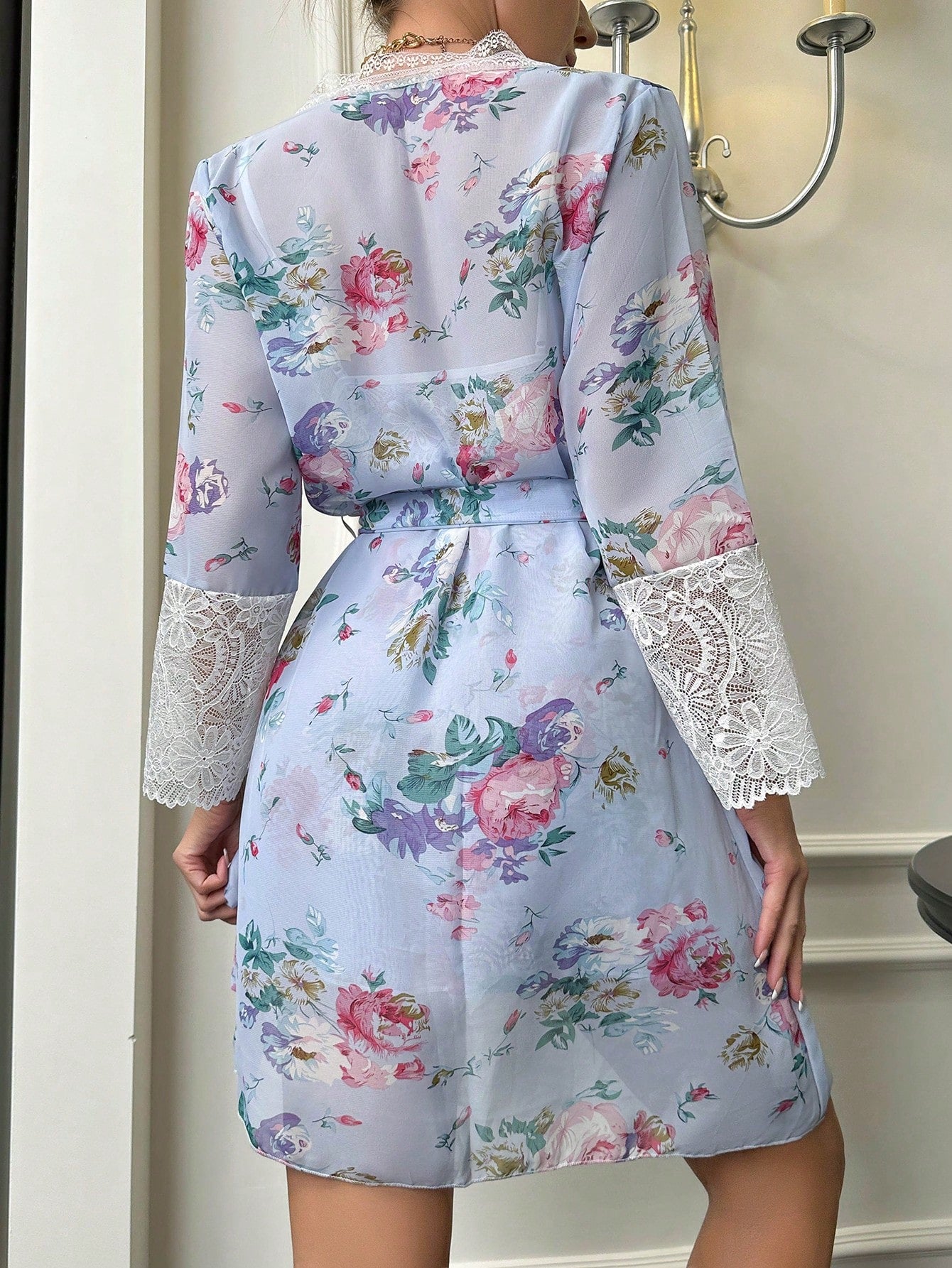 Floral Print Contrast Lace Cami Dress &amp; Robe PJ Set