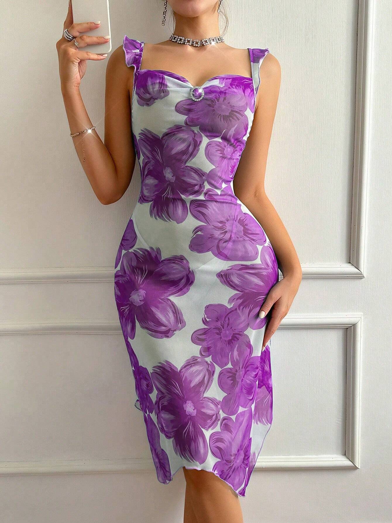 Women's Floral Print Ruffle Strap Nightgown