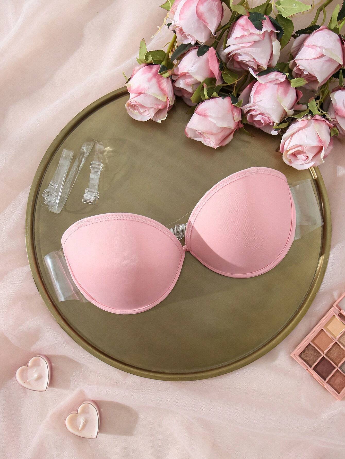 Women's Strapless Bra With Transparent Shoulder Straps Pink