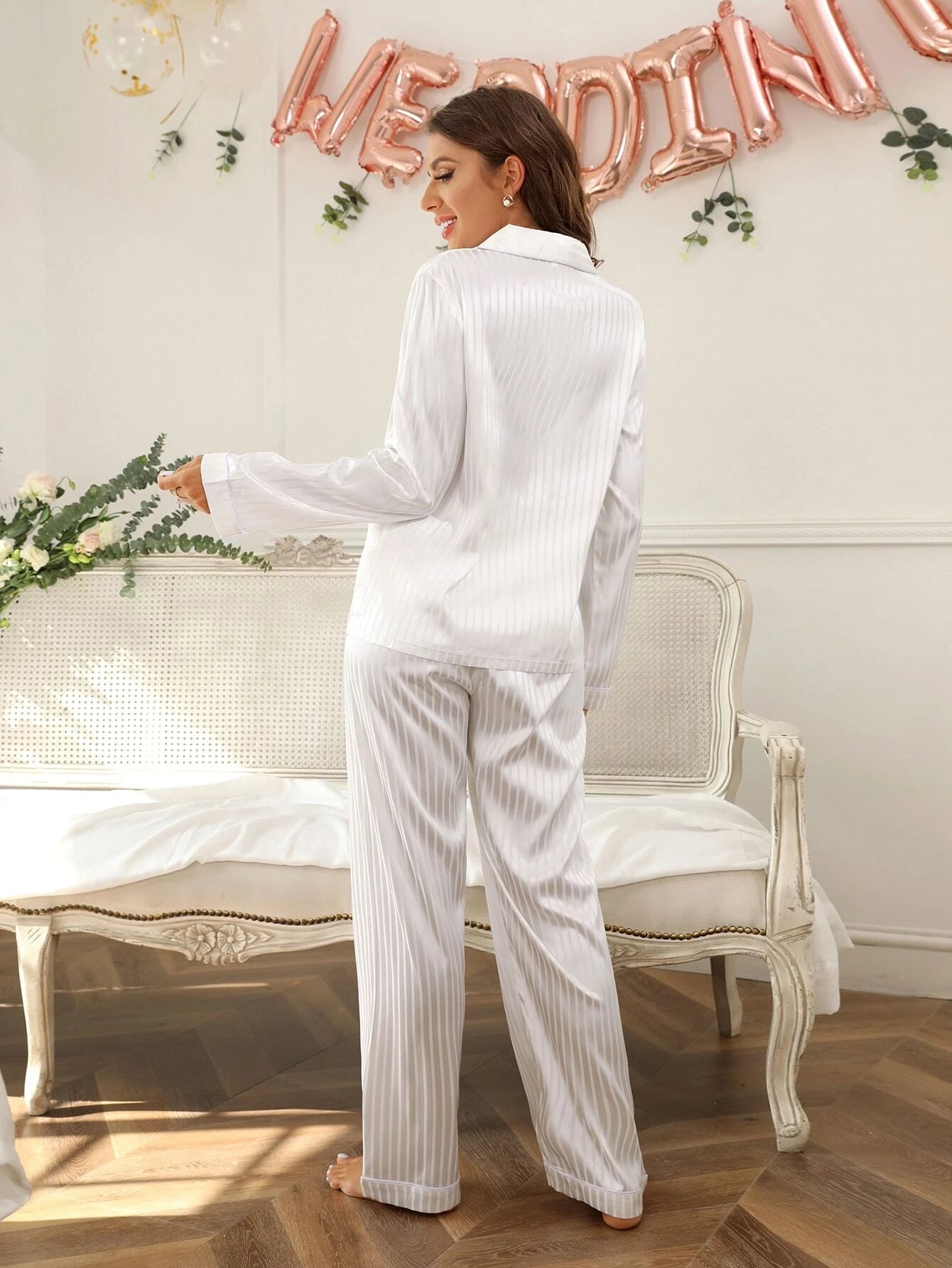 Striped Jacquard Pocket Patched Satin Blouse &amp; Pants PJ Set