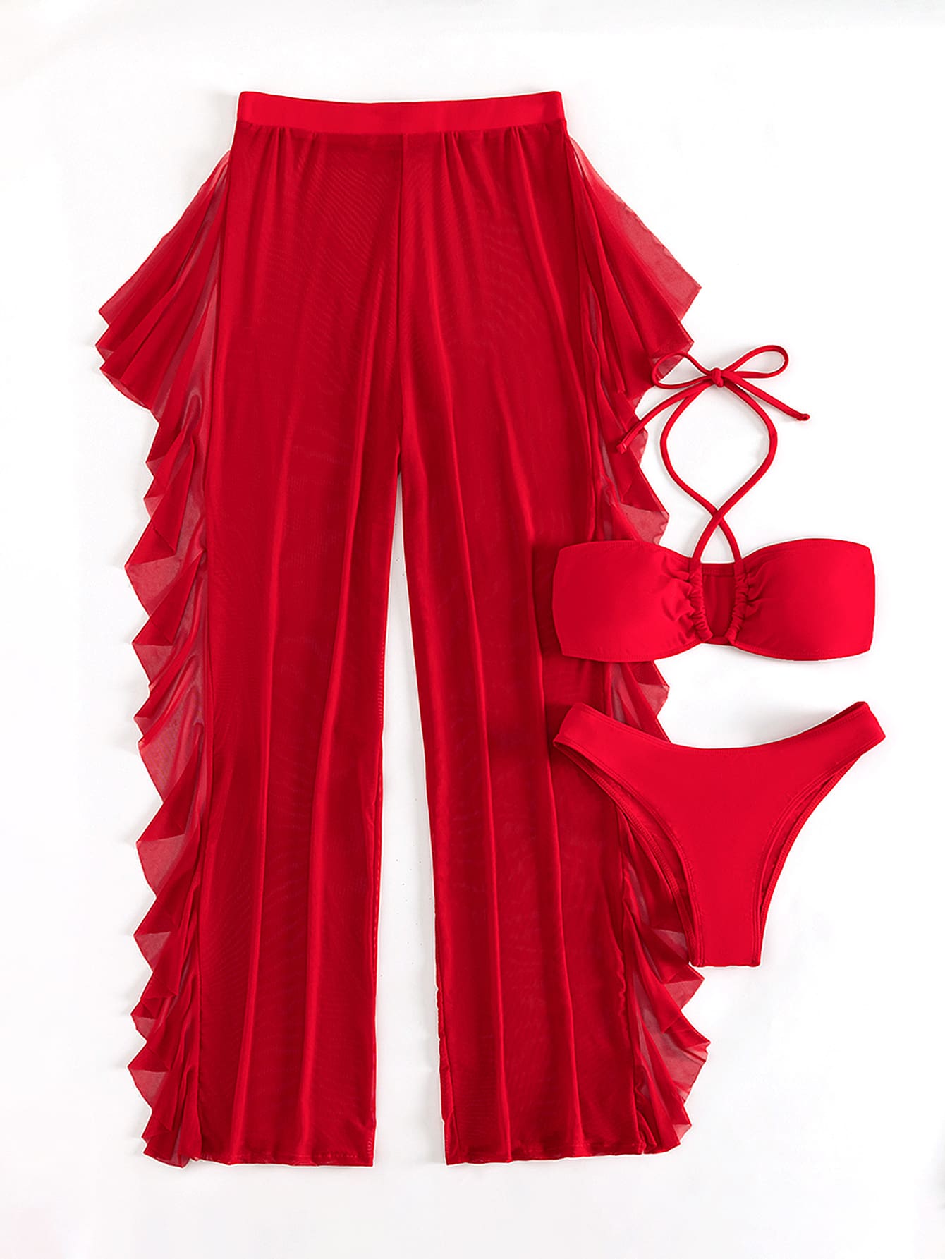 SHEIN Swim SXY Mono Bikini Set Crisscross Halter Wireless Bra Top &amp; High Cut Bikini Bottom &amp; Mesh Cover Up Pants 3 Piece Swimsuit