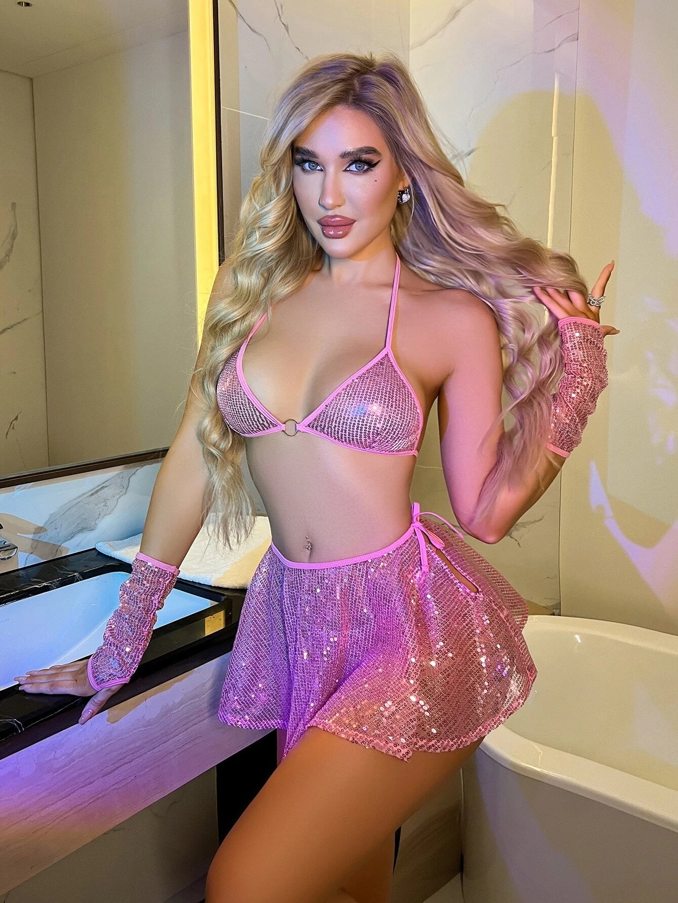 Contrast Sequin Ring Linked Lingerie Set With 1pair Oversleeves &amp; Skirt