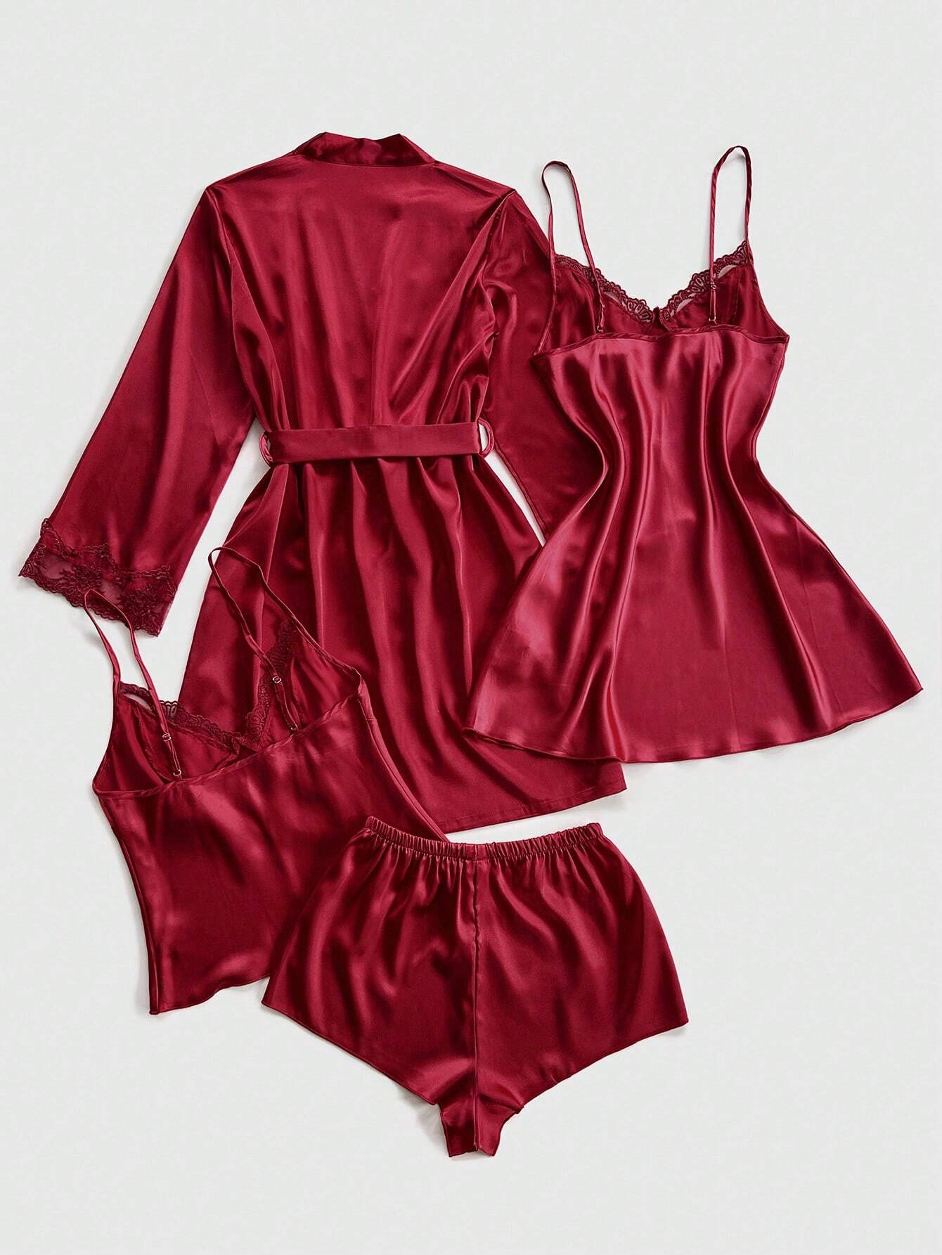 4pcs Set: Embroidered V-Neck Faux Silk Slip Dress