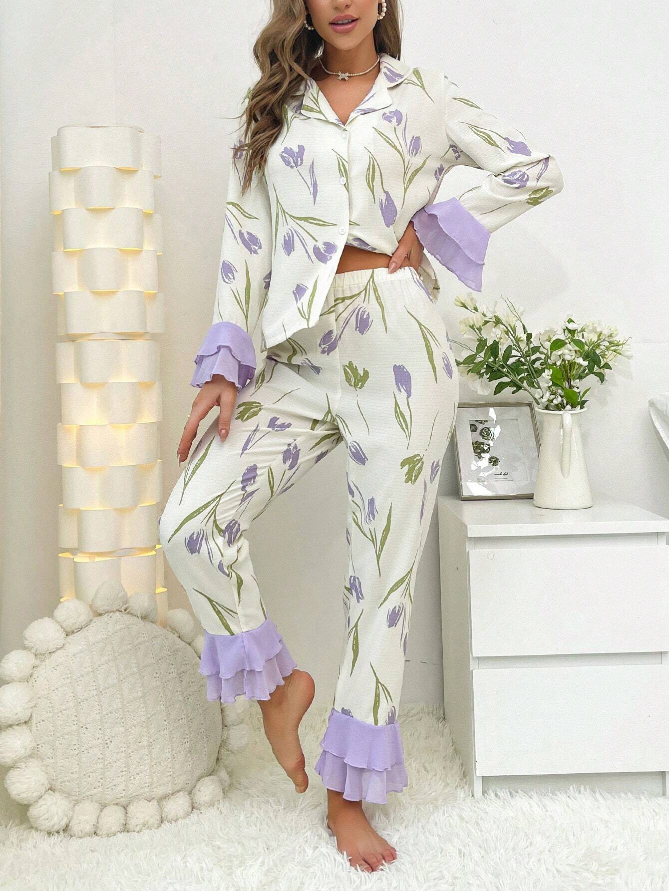 Floral Print Flare Sleeve Ruffle Hem PJ Set