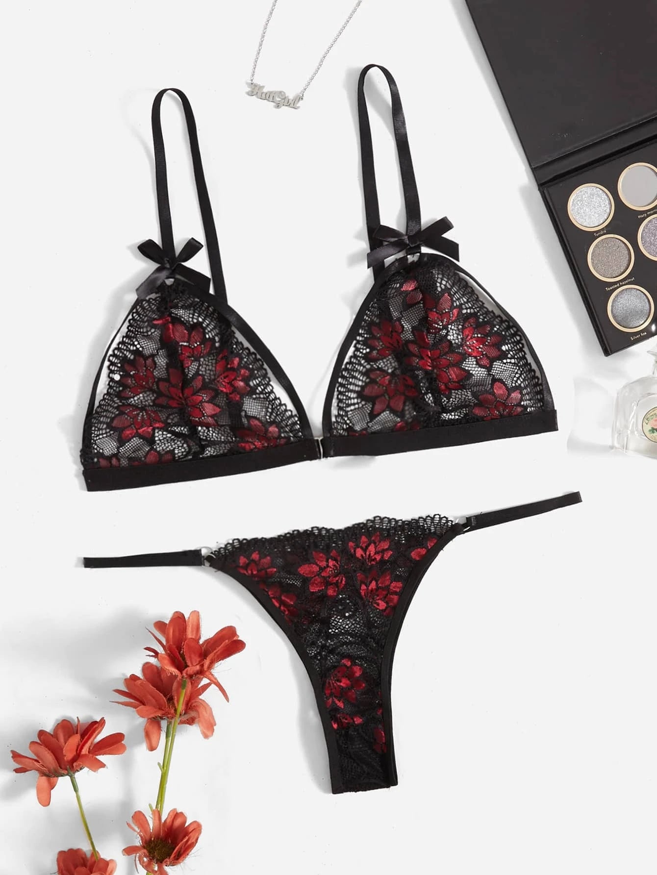Classic Sexy Floral Lace Harness Lingerie Set Black