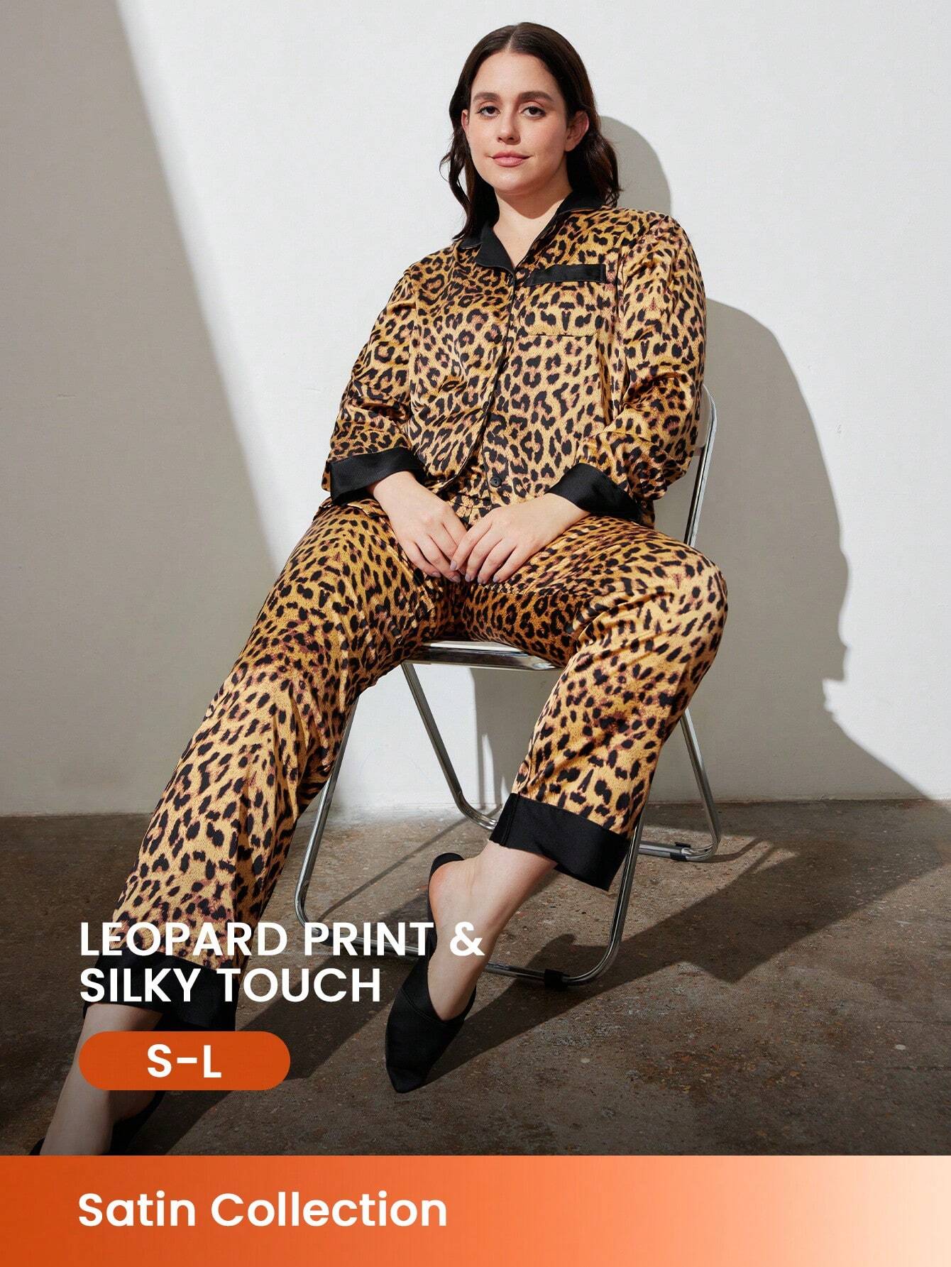 LUVLETTE Sexy Leopard Print Satin Long Women Pajama Set Multicolor