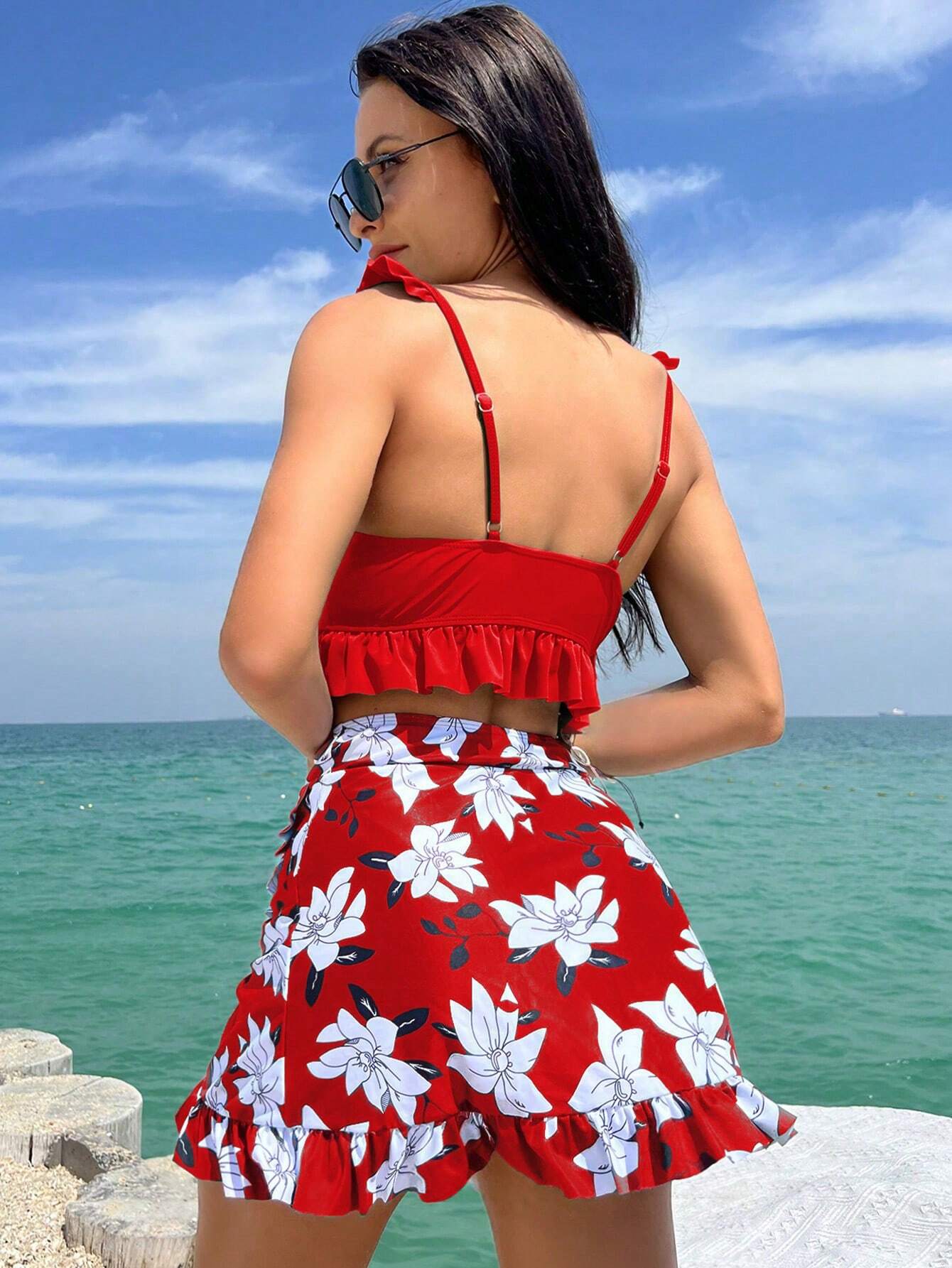 VCAY Summer Beach Floral Print Ruffle Trim Bikini Set With Beach Skirt