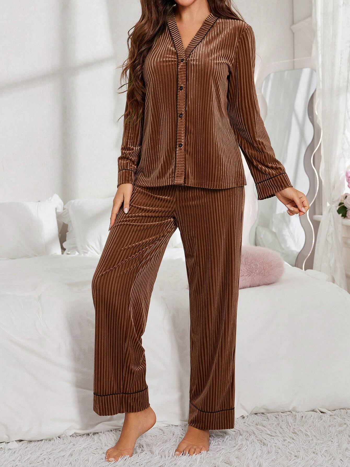 Women Velvet Button-Up Long Sleeve Pajama Set