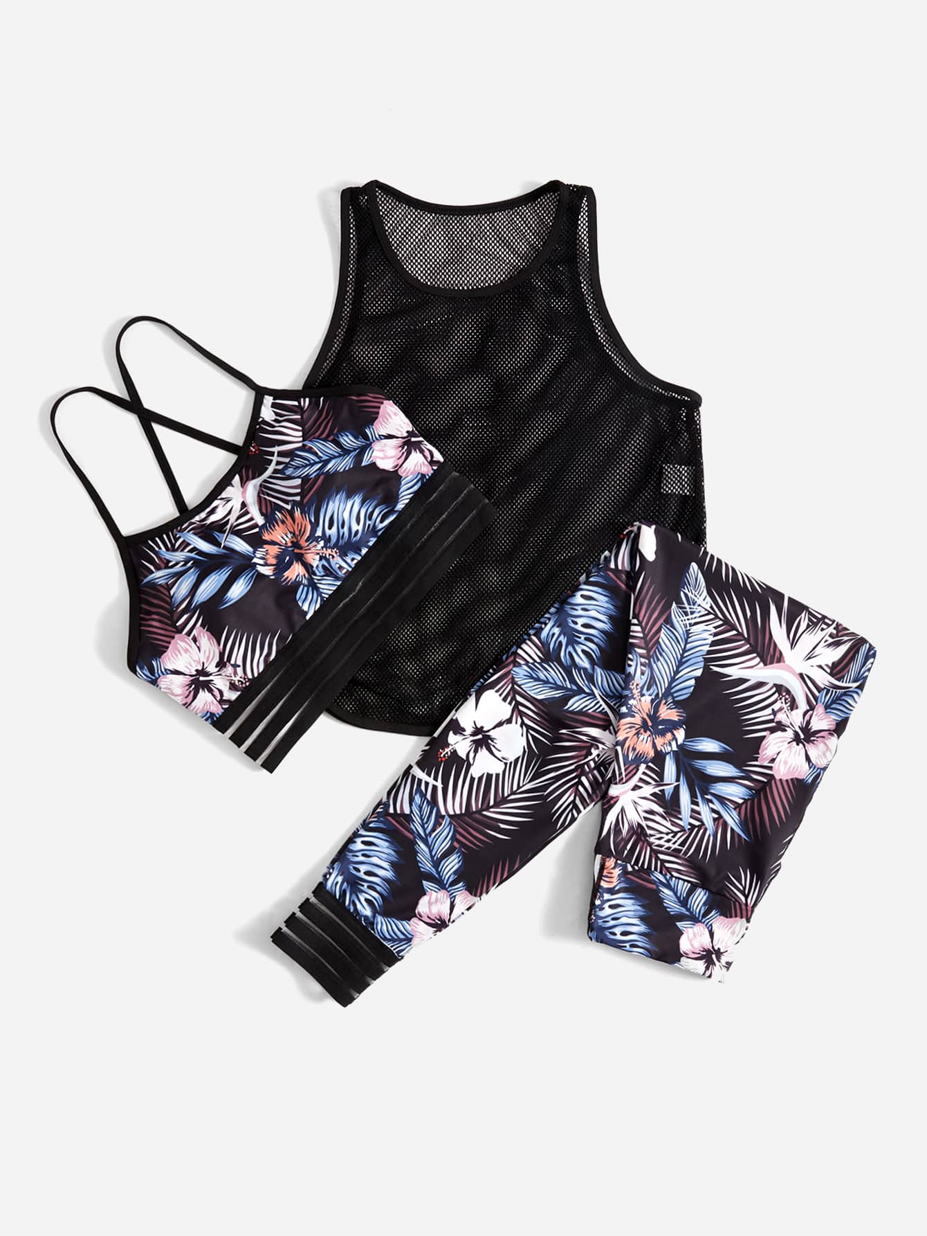 Yoga Trendy 3pcs Soft Tropical Print Daily Suit Casual Outfits Set Mesh Top Crisscross Back Bra &amp; Leggings