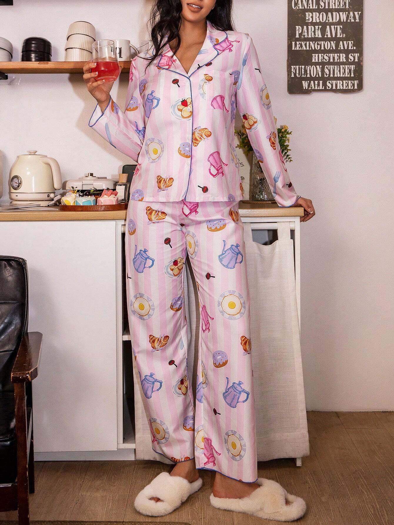 Women Contrast Trim Front Button Long Sleeve Printed Casual Top And Long Pants