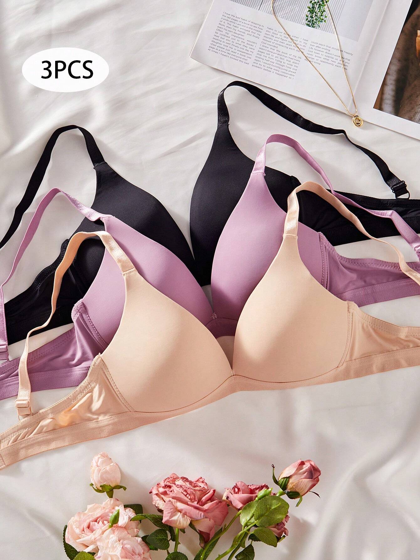 3PCS V-Style Lady's Comfortable Wireless Soft Cup Solid Bra