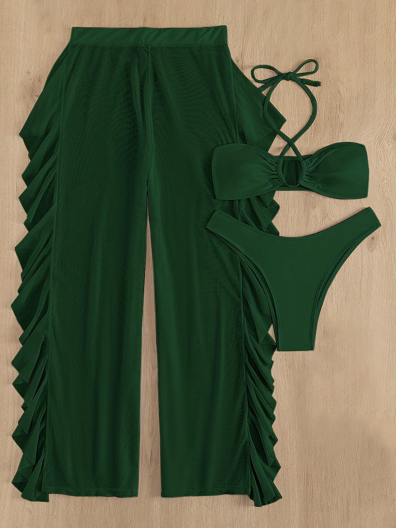 SHEIN Swim SXY Mono Bikini Set Crisscross Halter Wireless Bra Top &amp; High Cut Bikini Bottom &amp; Mesh Cover Up Pants 3 Piece Swimsuit