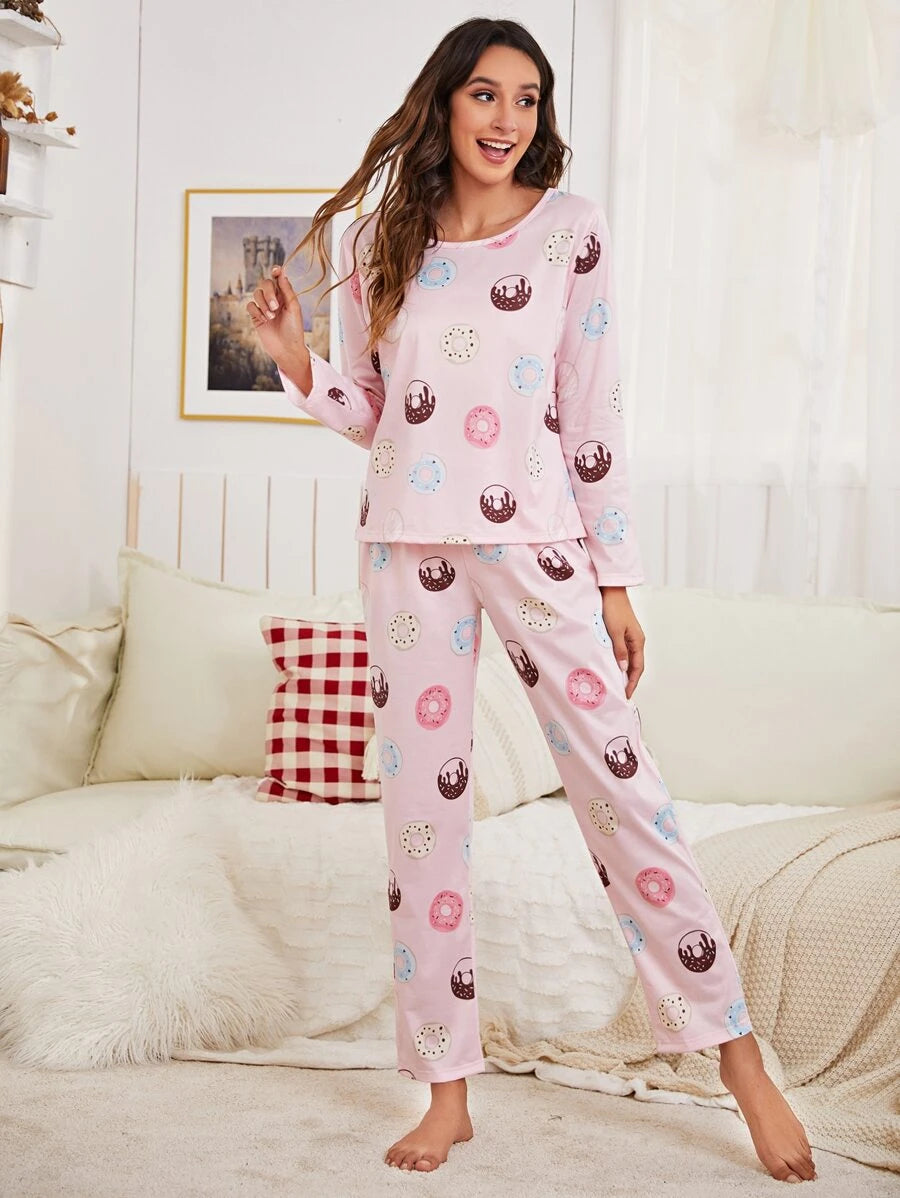 Donuts Graphic Pajama Set &amp; Eye Mask