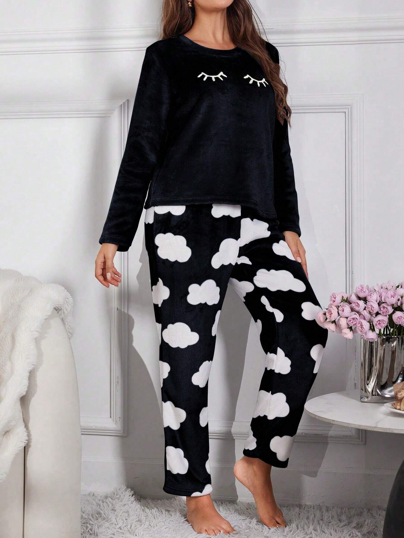 Eyelash Embroidery Flannel Long Sleeve Pajama Set