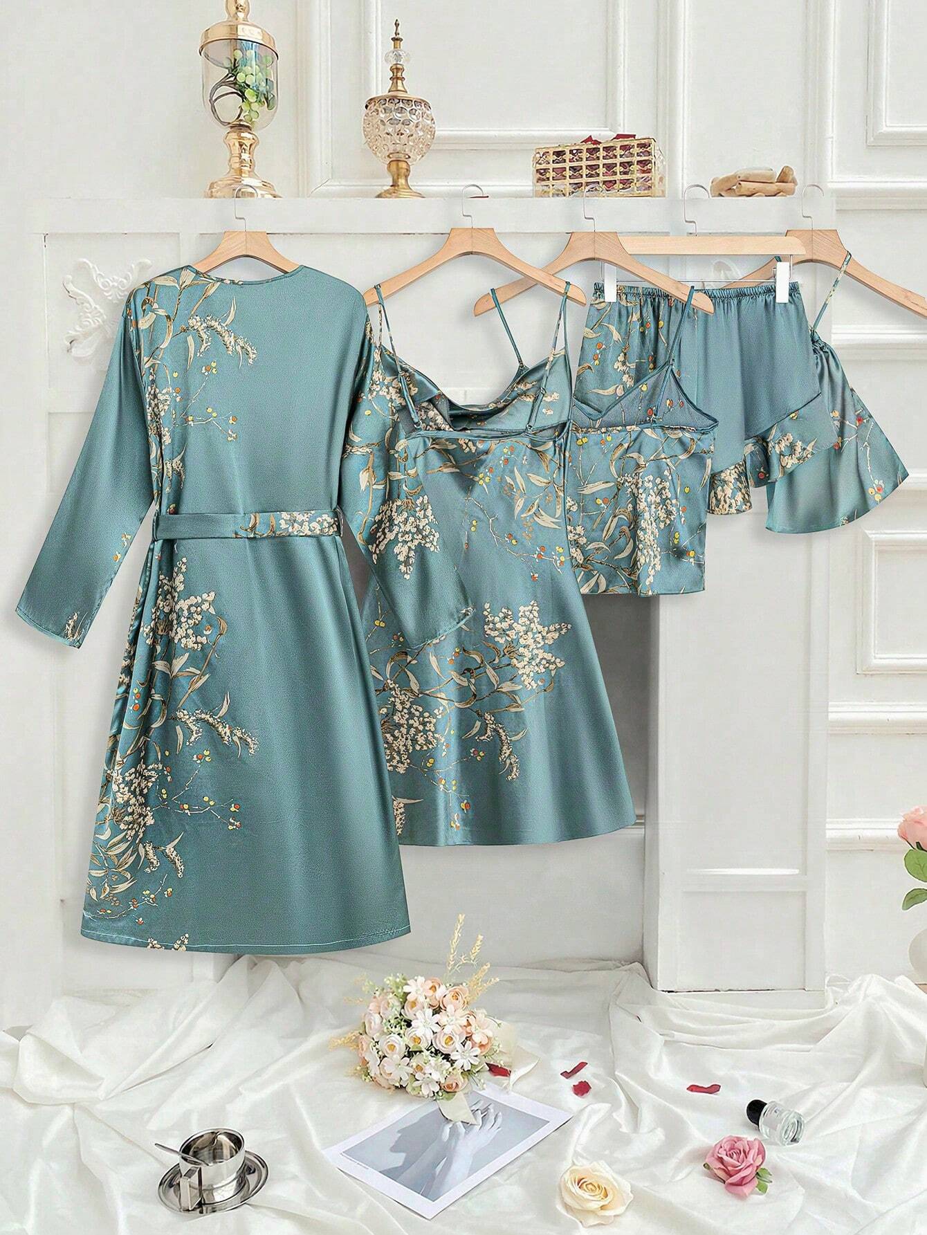 LuxeNights 5pcs/Set Silk-Like Flower Print Camisole Top &amp; Shorts &amp; Dress &amp; Robe &amp; Storage Bag