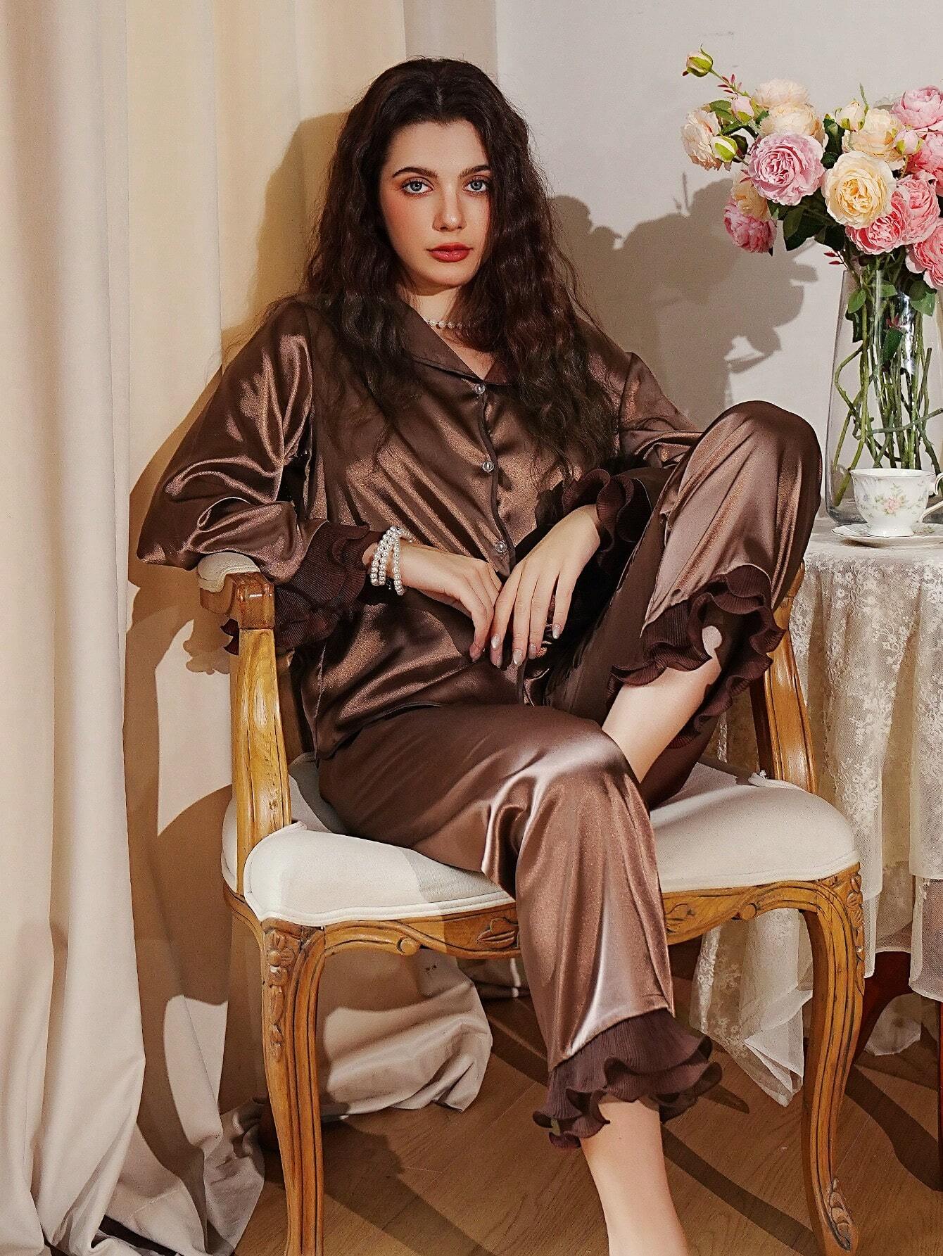 Women's Ruffle Trimmed Romantic Satin Pajama Set Coffee Brown