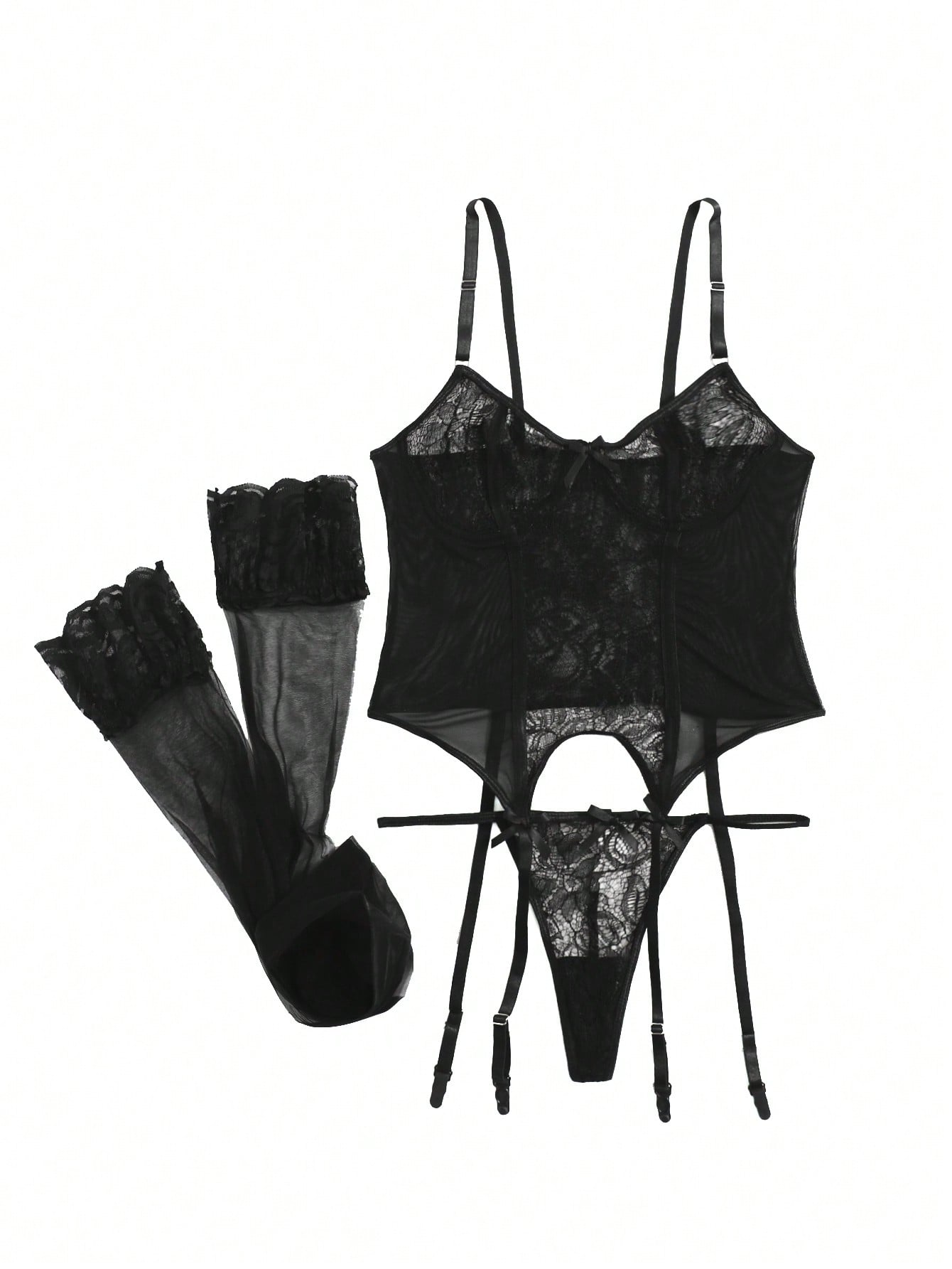 3pack Floral Mesh Underwire Garter Lingerie Set &amp; 1pair Stockings