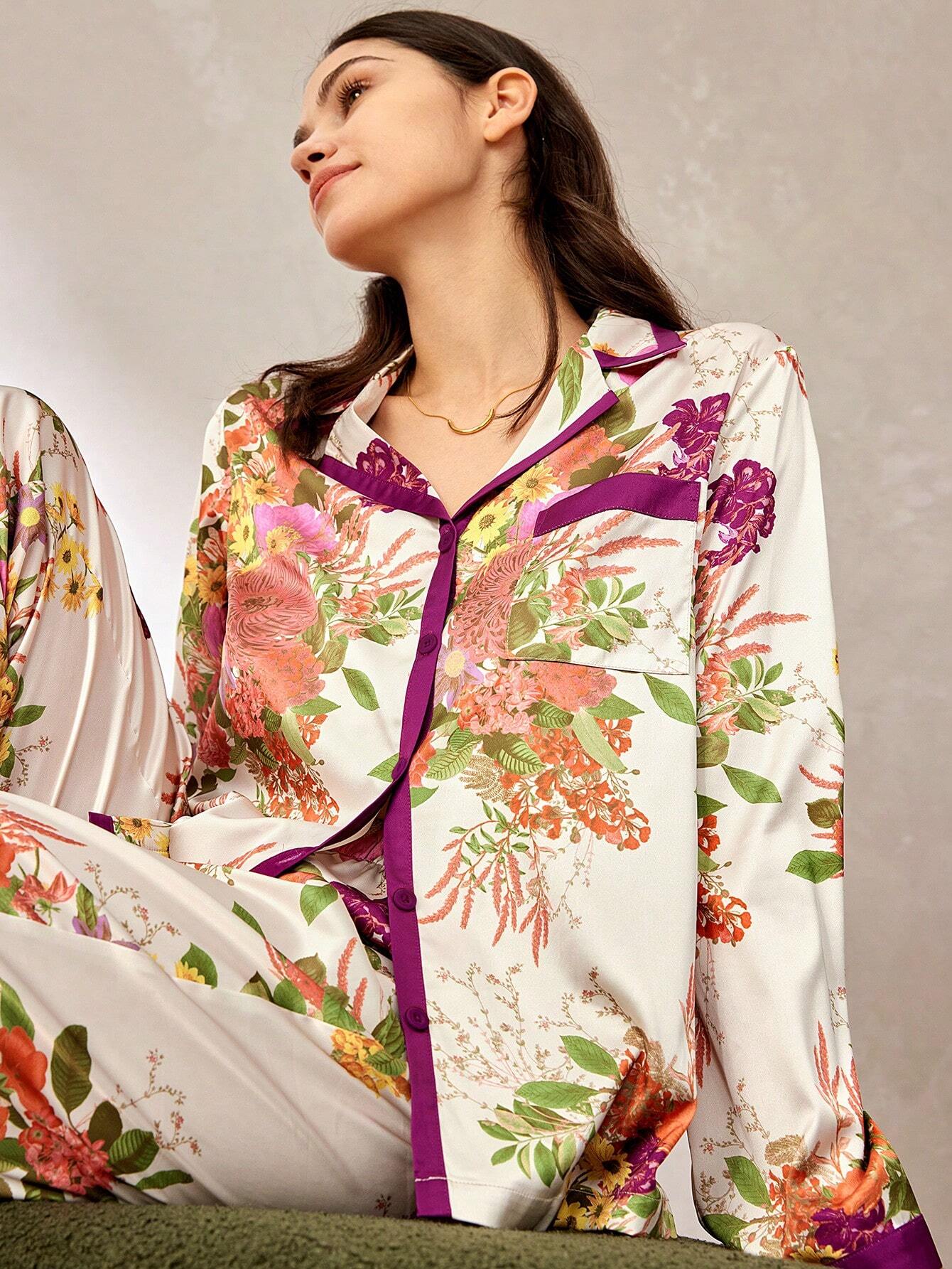 LUVLETTE Chinese Style Flora Print Satin Long Pajama Sets Multicolor