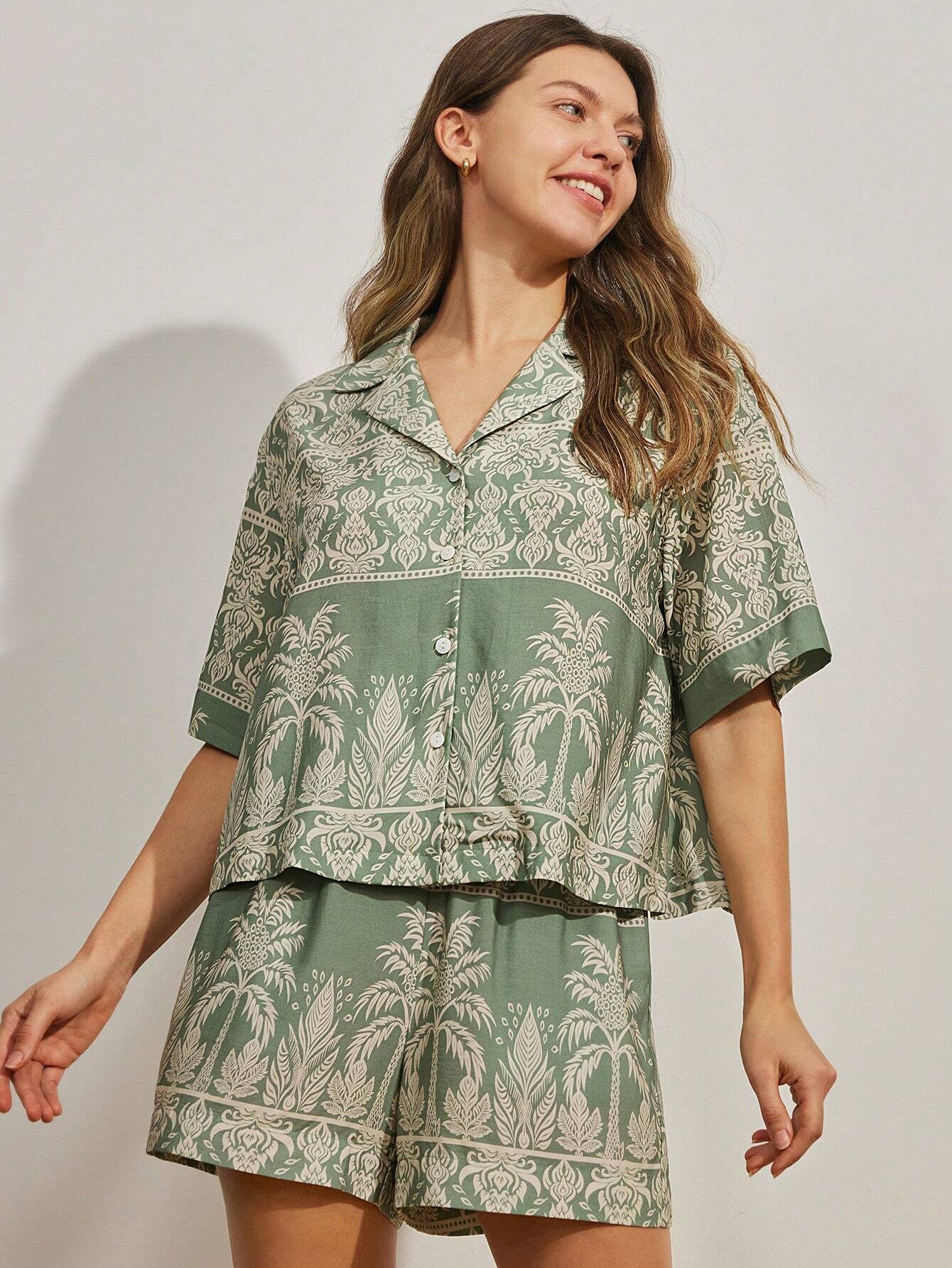 LUVLETTE Lyocell Tencel Rayon Short Tropical Print Casual Lounge Short-Sleeve Short Pantypajama Set