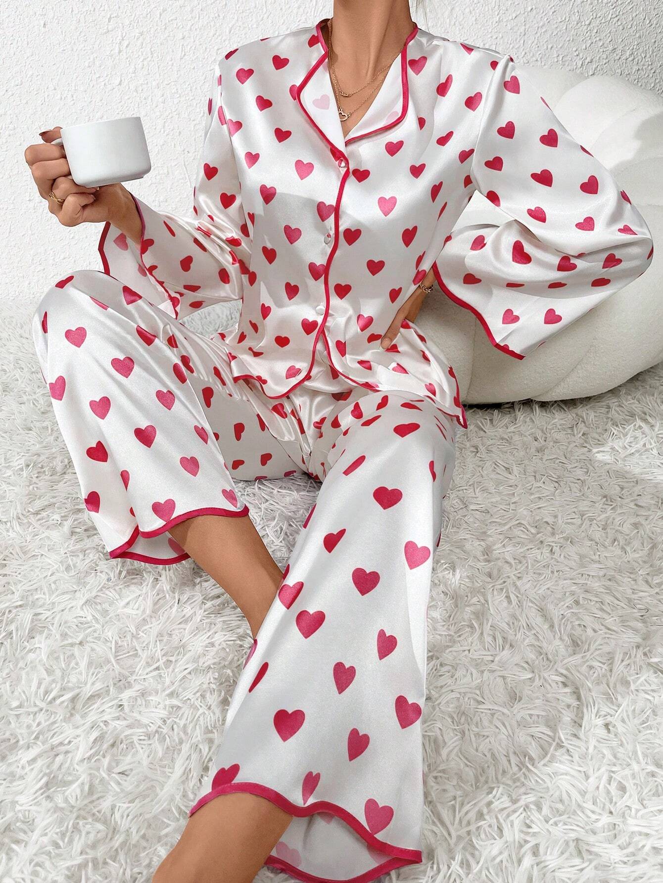Heart Print Contrast Piping Satin PJ Set / Pajama Set
