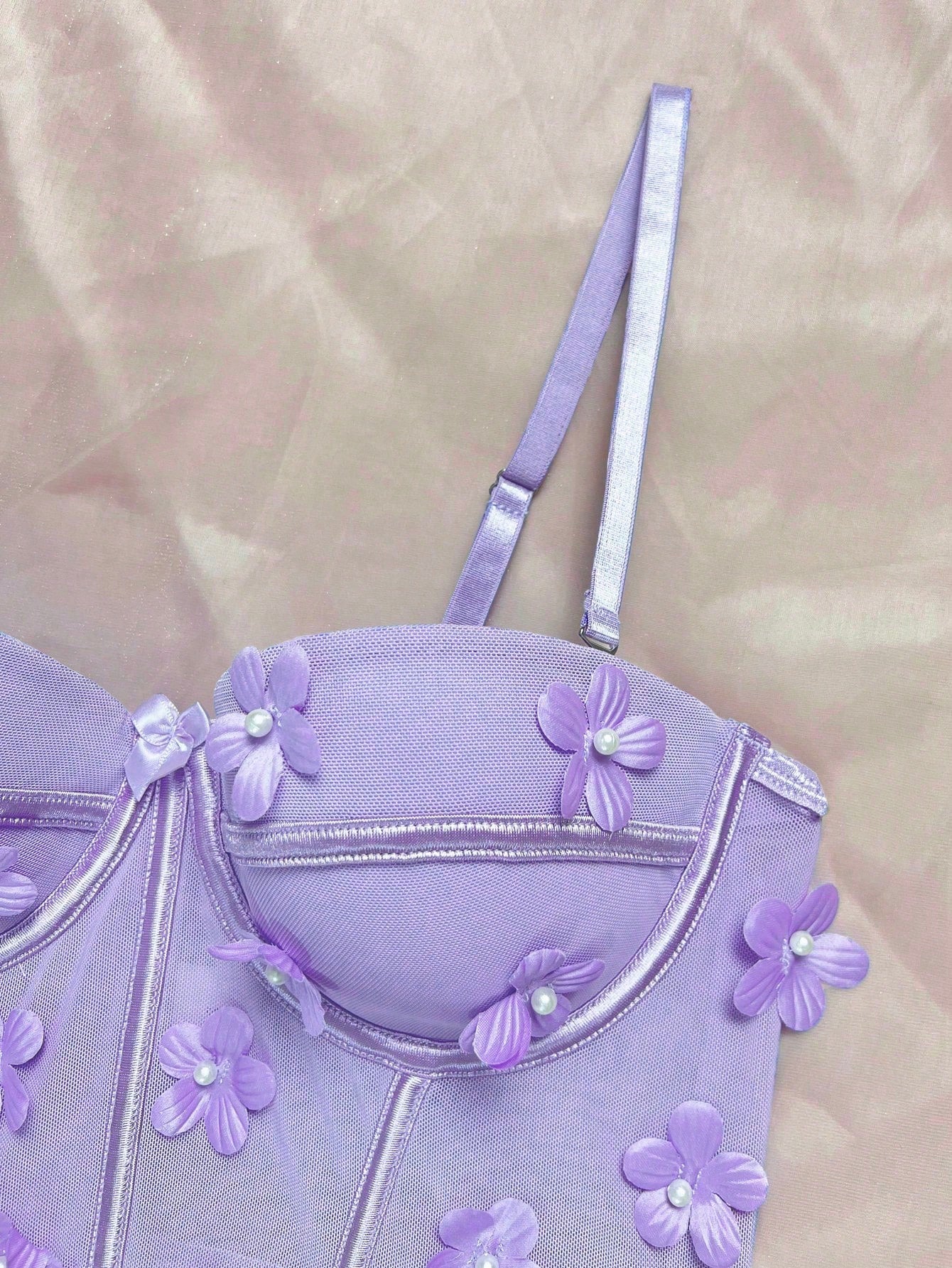 Floral Appliques Mesh Underwire Bra