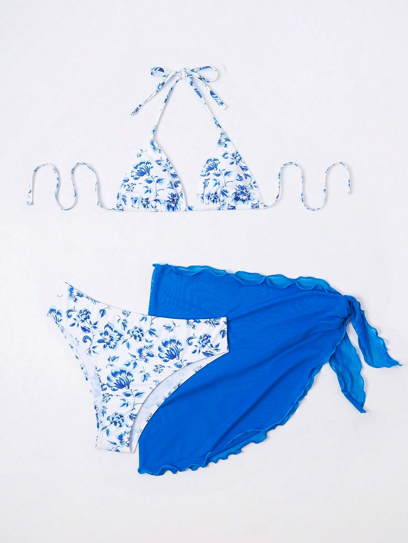 SHEIN Swim Mod Floral Print Halter Triangle Bikini Swimsuit With Beach Skirt