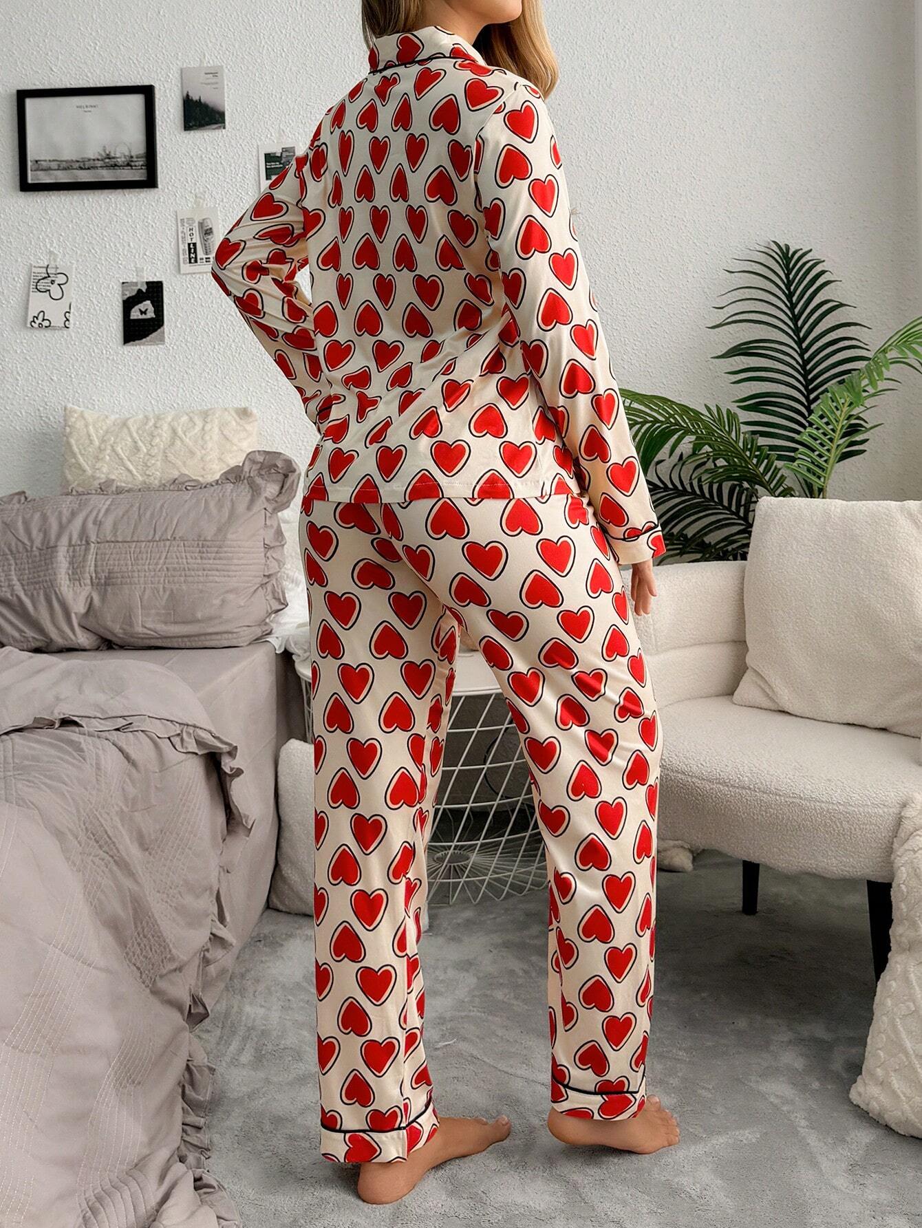 SweetSlumber Heart Print Lapel Long Sleeve Pajama Set