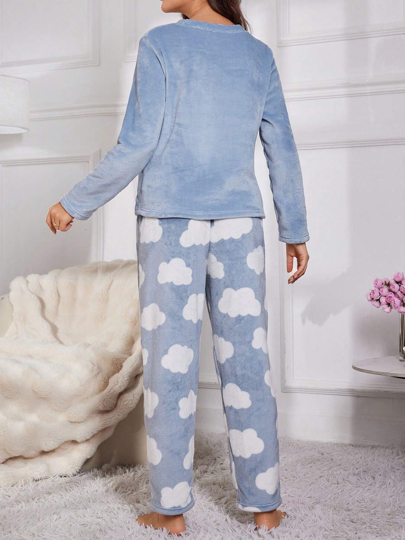Eyelash Embroidery Flannel Long Sleeve Pajama Set