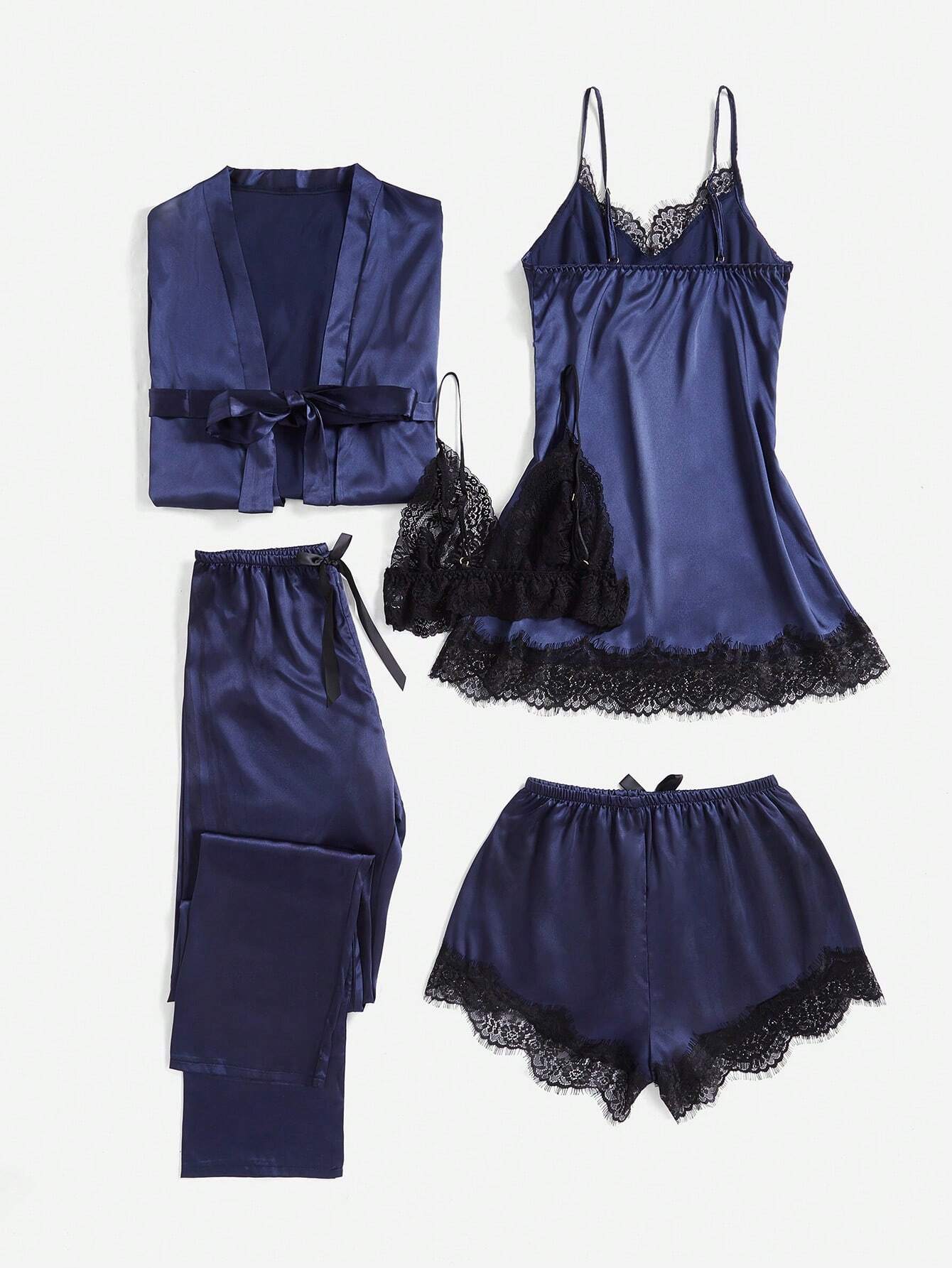 5pcs/Set Lace Splice Pajama Set Navy Blue