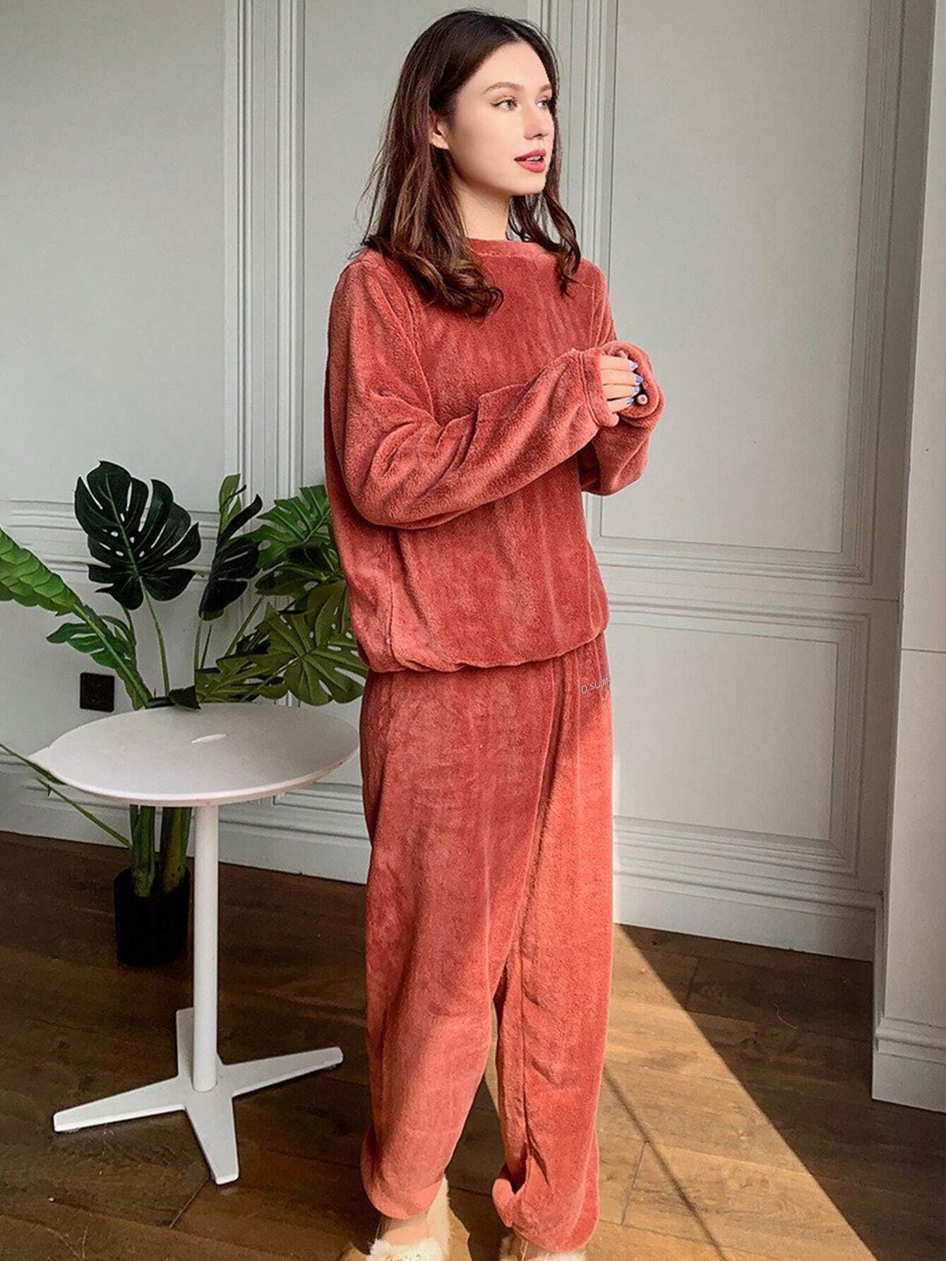 2pcs/Set Women Solid Color &amp; Letter Print Long Sleeve Shirt And Pants Pajama Set
