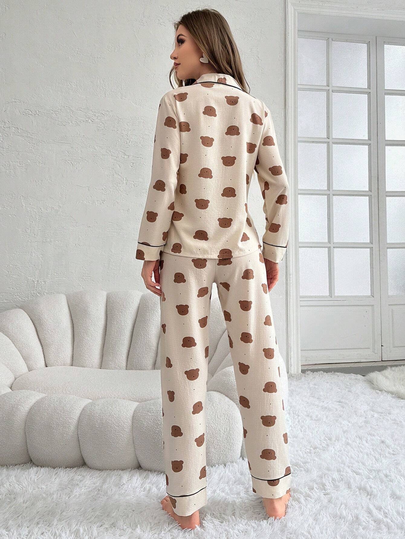 CoupledUp Women's Bear Printed Long Sleeve Long Pants Pajama Set