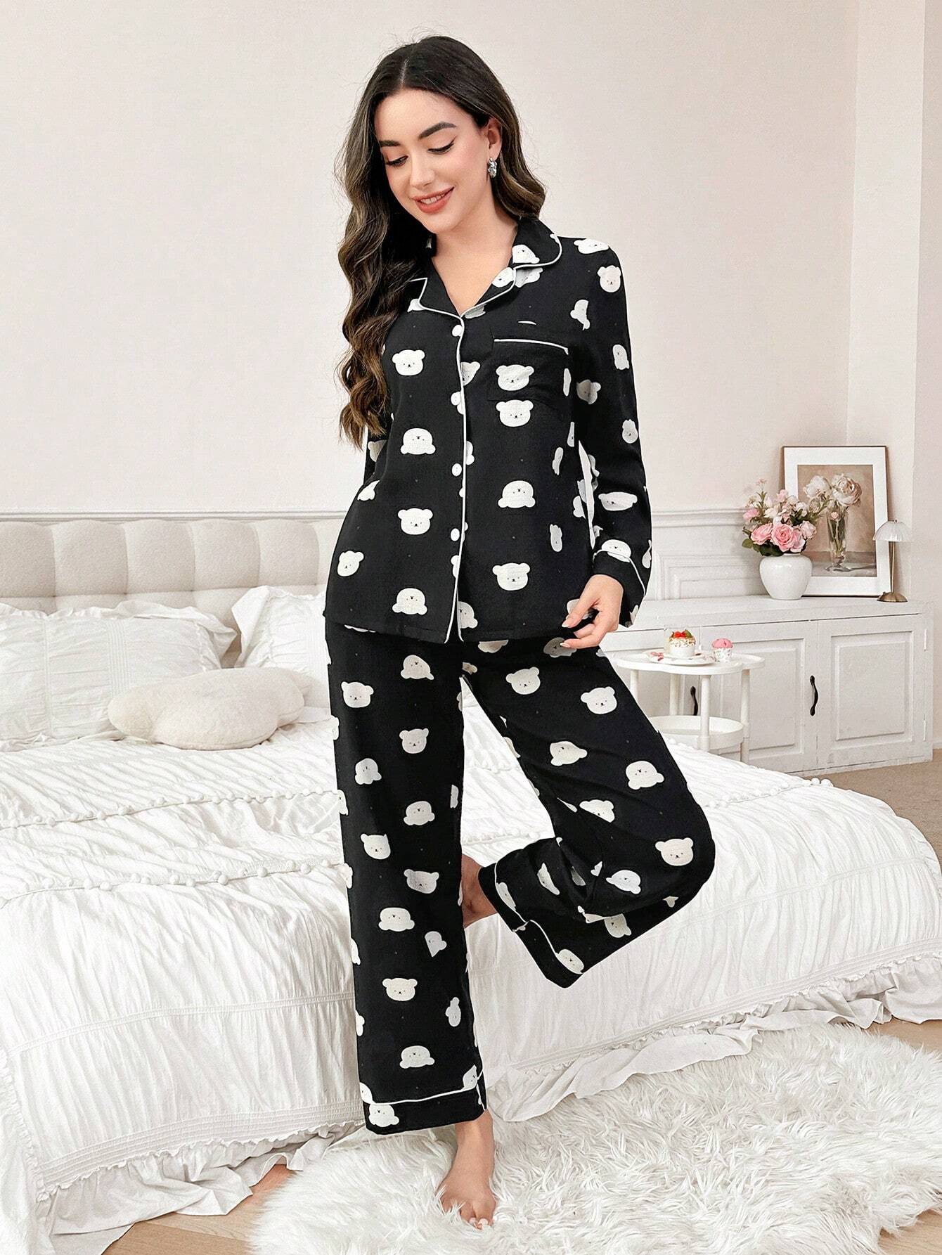CoupledUp Women's Bear Printed Long Sleeve Long Pants Pajama Set