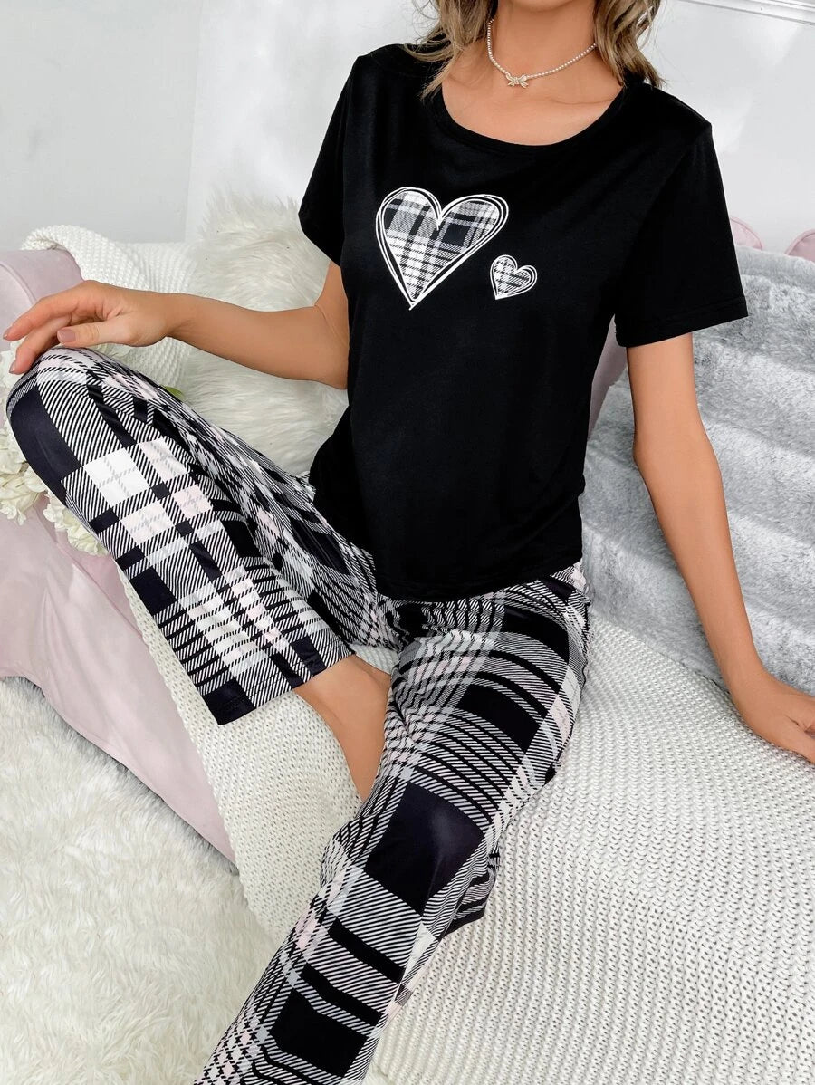 Heart &amp; Letter Graphic PJ Set Black & White