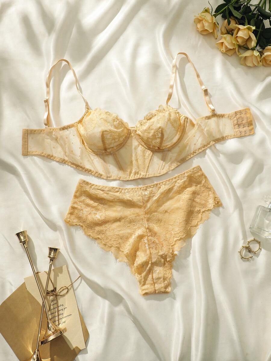 Floral Lace Push Up Lingerie Set Apricot