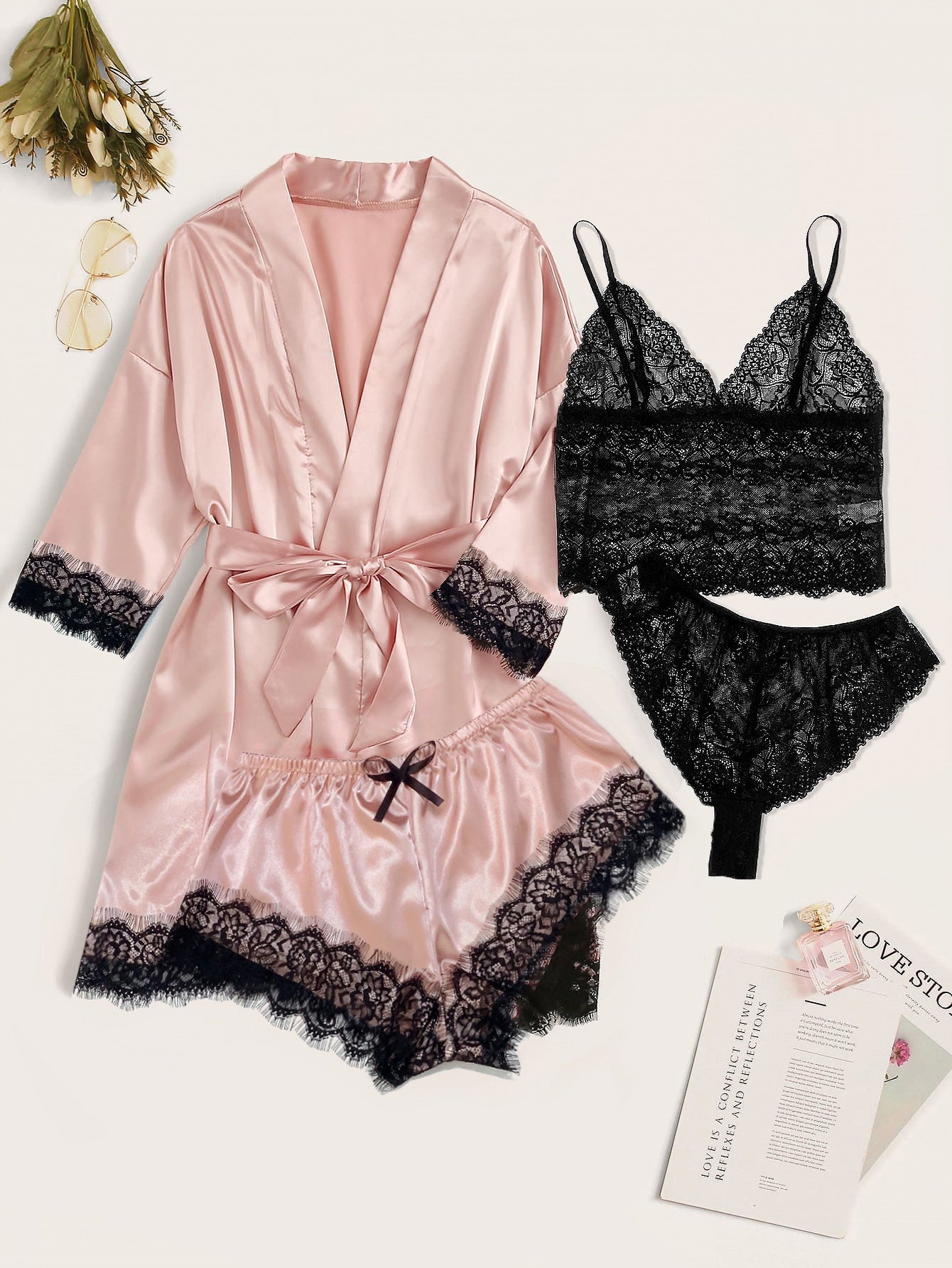 4pack Floral Lace Lingerie Set With Satin Belted Robe