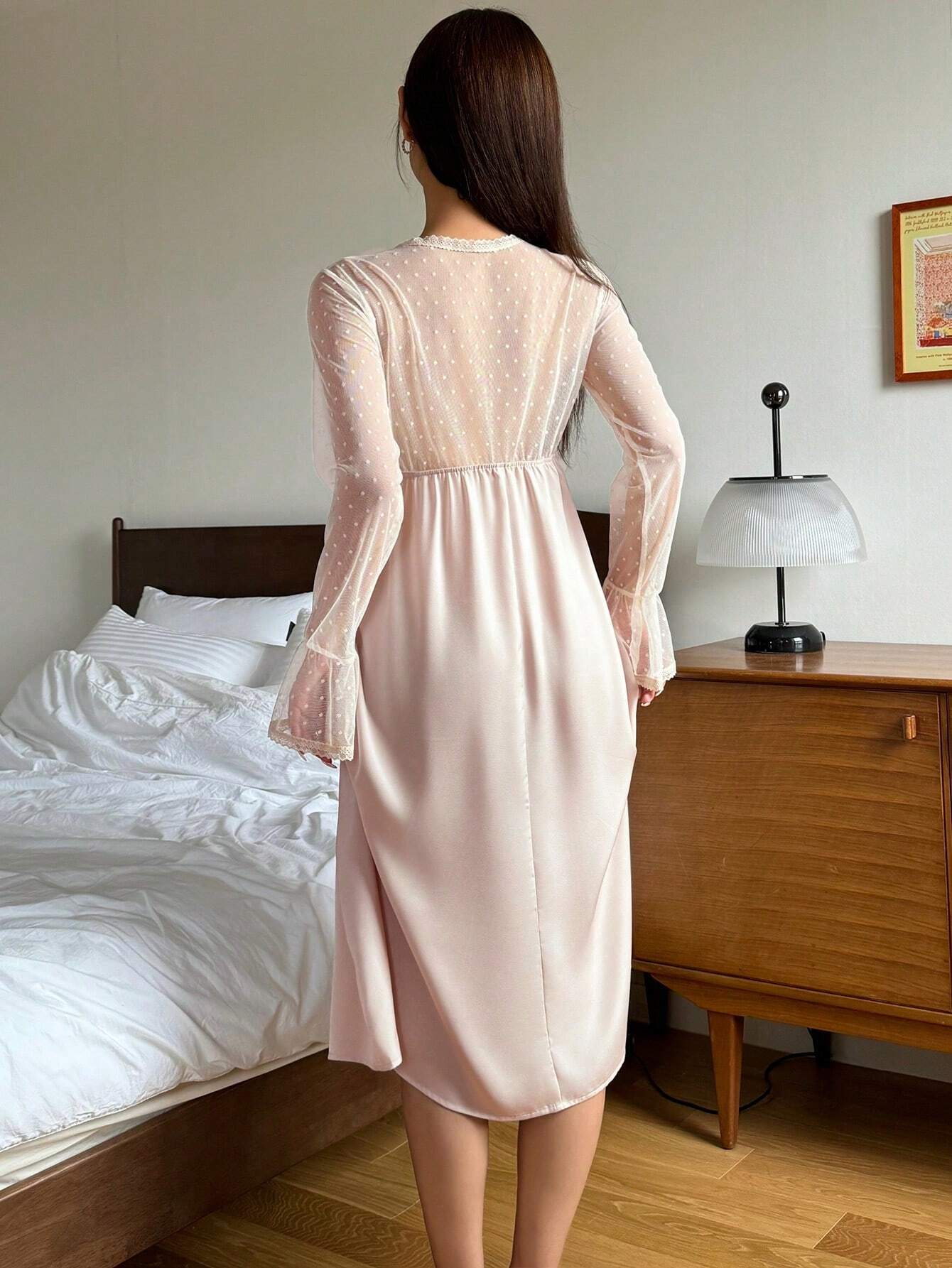 DAZY Satin Contrast Lace Semi-Sheer Ruffle Sleeve Waist Cinched Nightgown