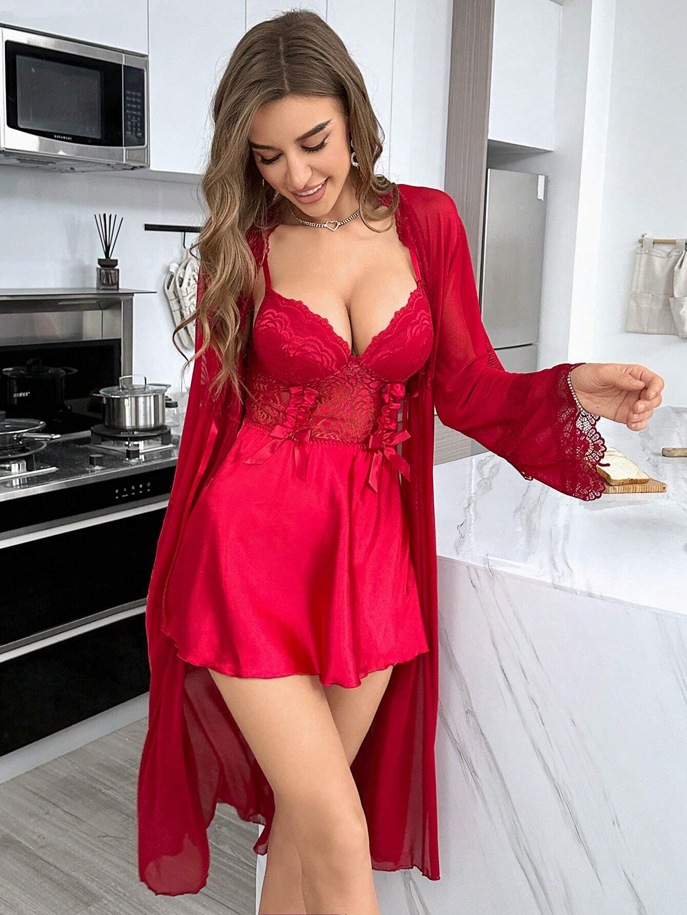 Women Spliced Lace Long Sleeve Robe And Cami Dress Sexy Sleepwear Set Pajama Set