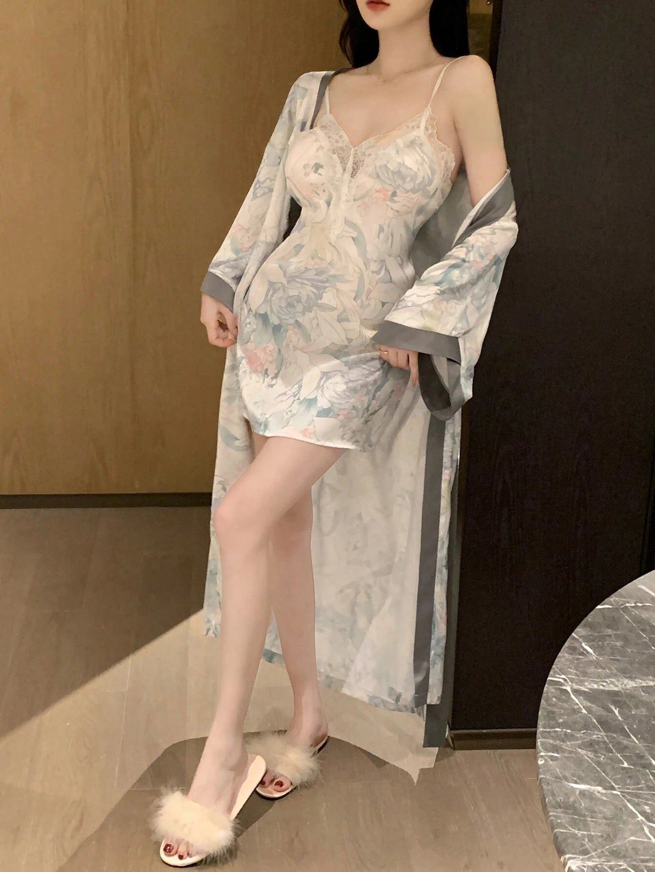 DAZY Floral Printed Patchwork Lace Pajama Set