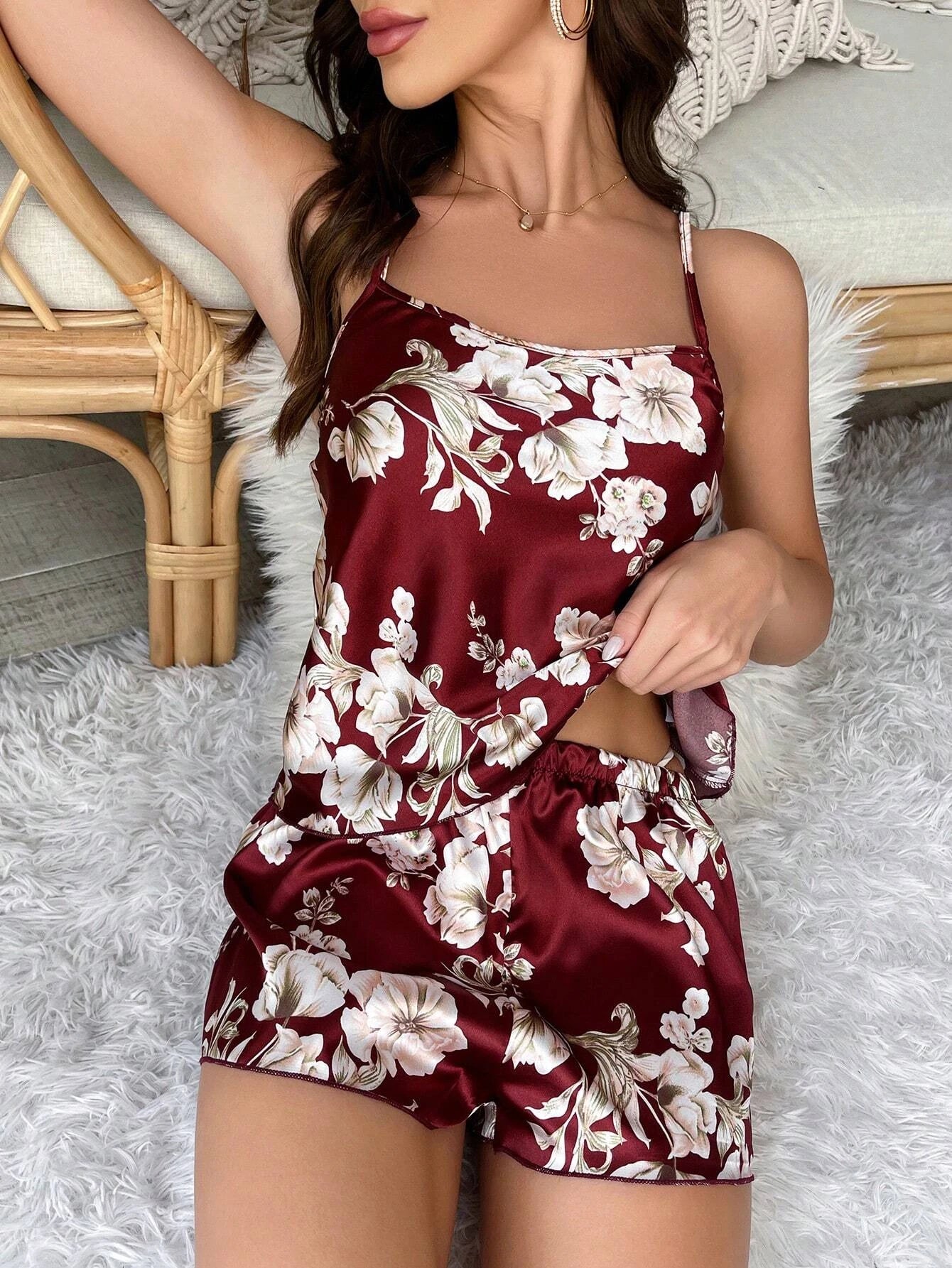 Floral Print Satin PJ Set Burgundy