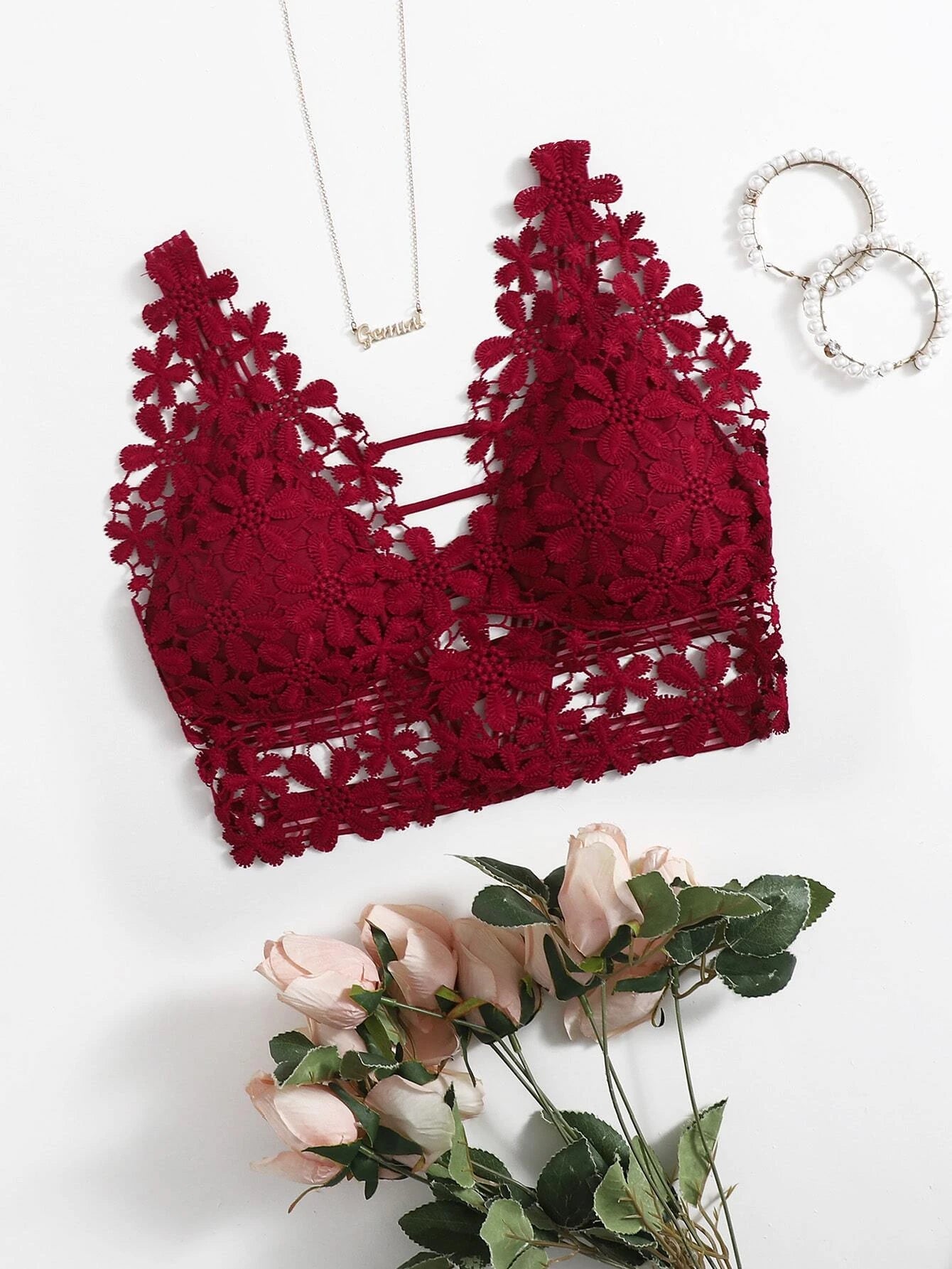 Guipure Lace Longline Bralette Lingerie Burgundy