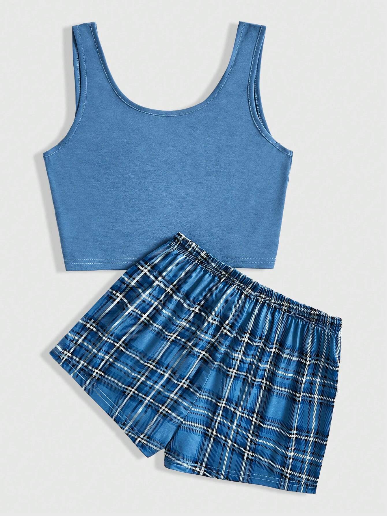 ROMWE Solid Color Sleeveless Top &amp; Plaid Shorts Casual Pajama Set