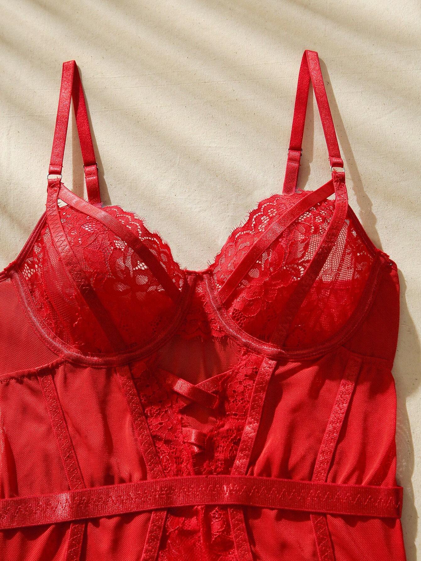 PinupGlam Goth Floral Lace Harness Underwire Teddy Bodysuit Lingerie